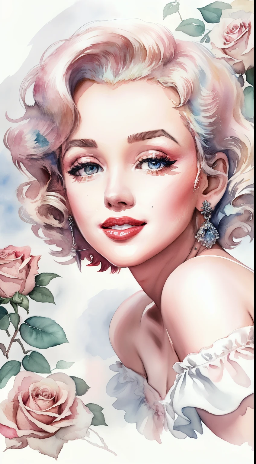 close up photo of Marilyn Monroe, off shoulder , watrcolor style, (rose) digital art, black background, among the roses, official art, blown by the wind, masterpiece, beautiful, ((watercolor)), paint splatter, intricate detail. Great detail, [dripping:0.7], Trending on Artstation, Rachel Walker