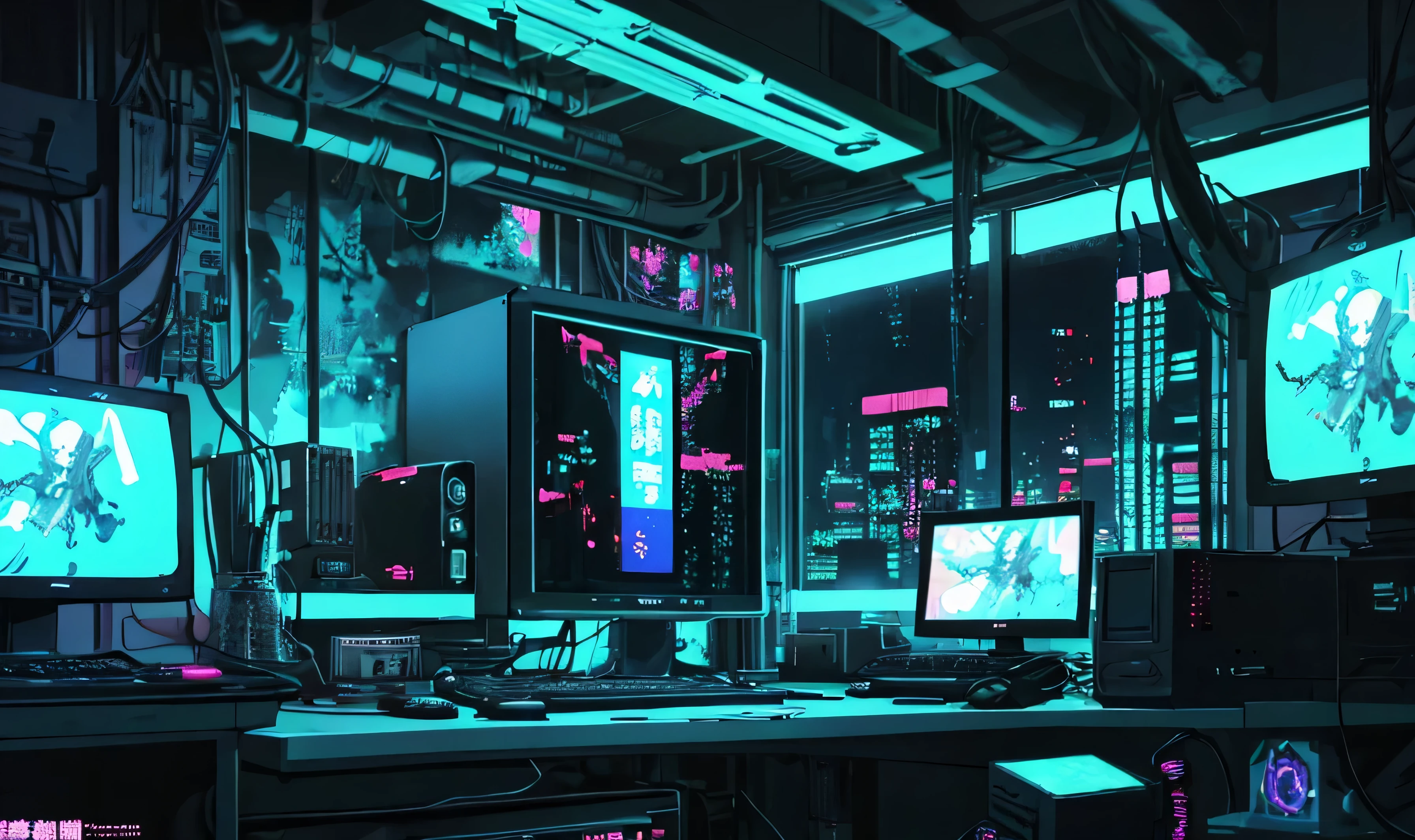 anime style, cyberpunk, room, computer, bedroom