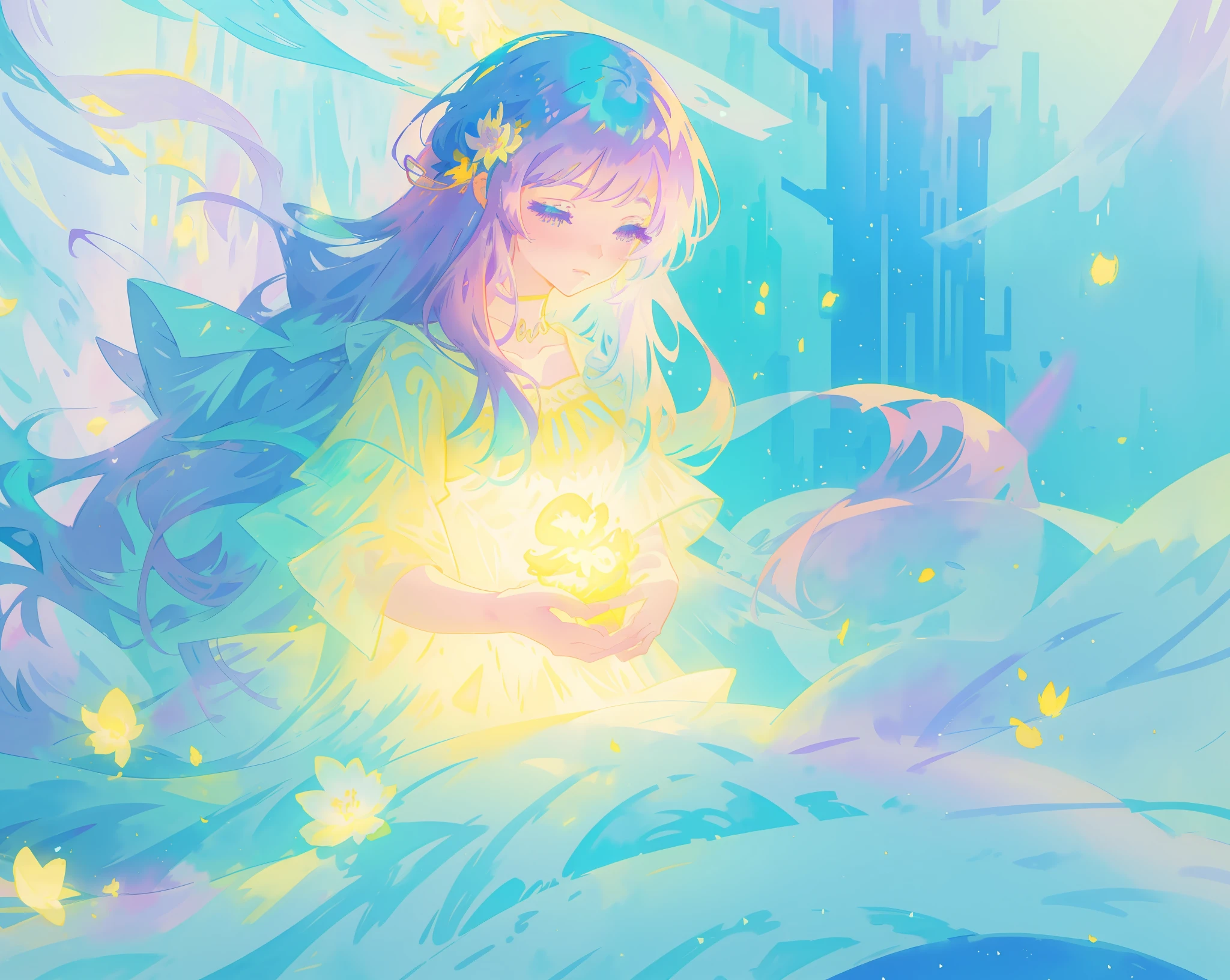 beautiful girl in yellow mint gradient flowing ballgown, long flowing blue purple hair, colorful fantasia background, watercolor illustration, disney art style, glowing aura around her, glowing lights, beautiful digital illustration, fantasia otherworldly landscape plants flowers, beautiful, masterpiece, best quality, anime disney style