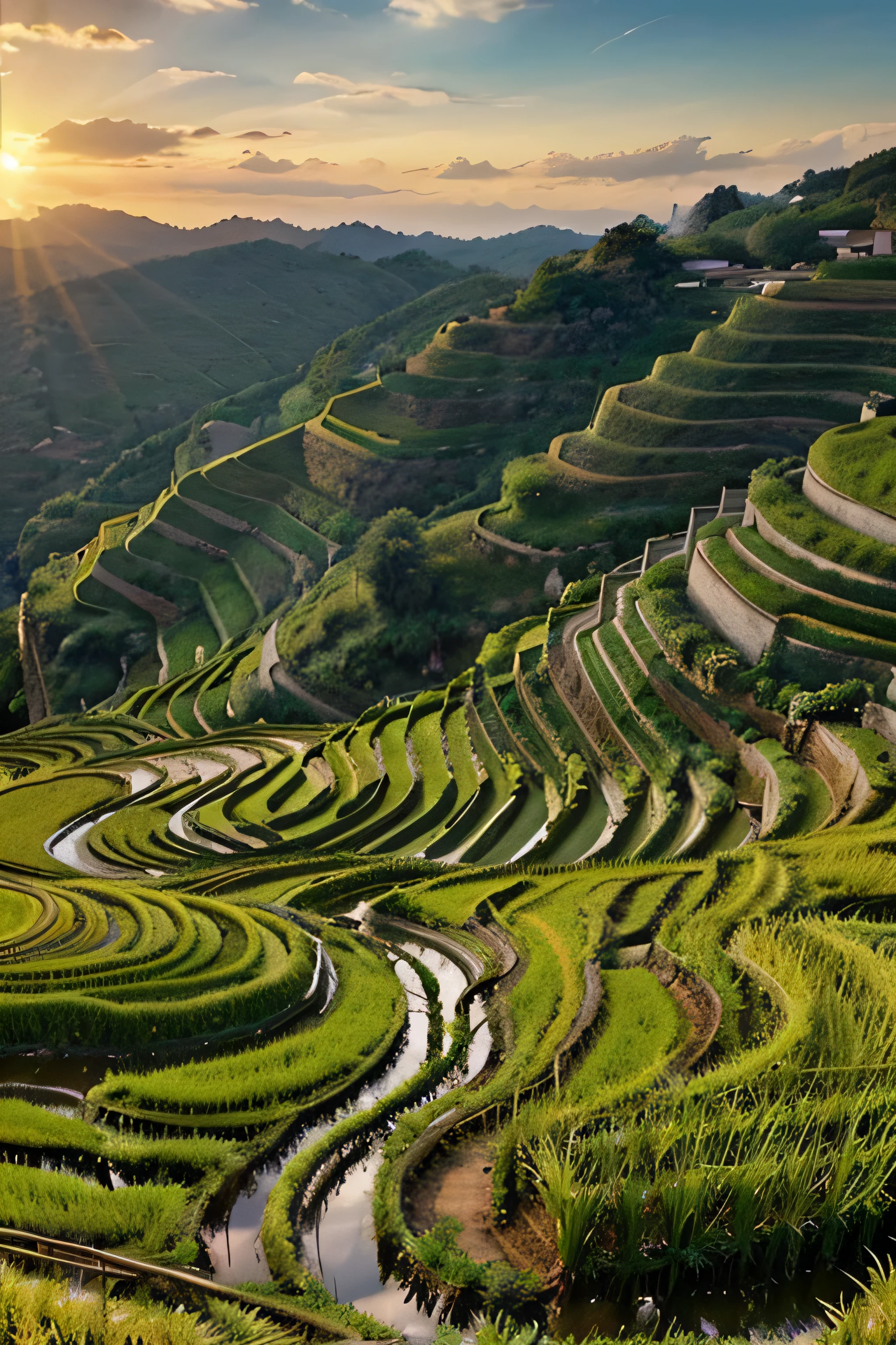 dans une bouteille (Cooped up) Rice terraces, canaux d&#39;irrigation, Verdure luxuriante, pentes en terrasses, Symmetrical patterns, harmonie avec la nature, peaceful tranquility, cultural heritage, Harvest season, agriculteurs qui travaillent dur, agriculture durable, manual harvesting tools, abundant harvests, golden sunlight, Ouvrages d&#39;art, chef-d&#39;natural work, vue fascinante, horizon sans fin, harvest festival, de riches traditions culturelles, l&#39;esprit de communauté, paysage impressionnant, celestial realm, Ethereal beauty, Terre fertile, Changements saisonniers, mode de vie agricole, harmonie entre l&#39;homme et la nature, effort et détermination, récolter les fruits du travail, paradis des agriculteurs, travail d&#39;amour.