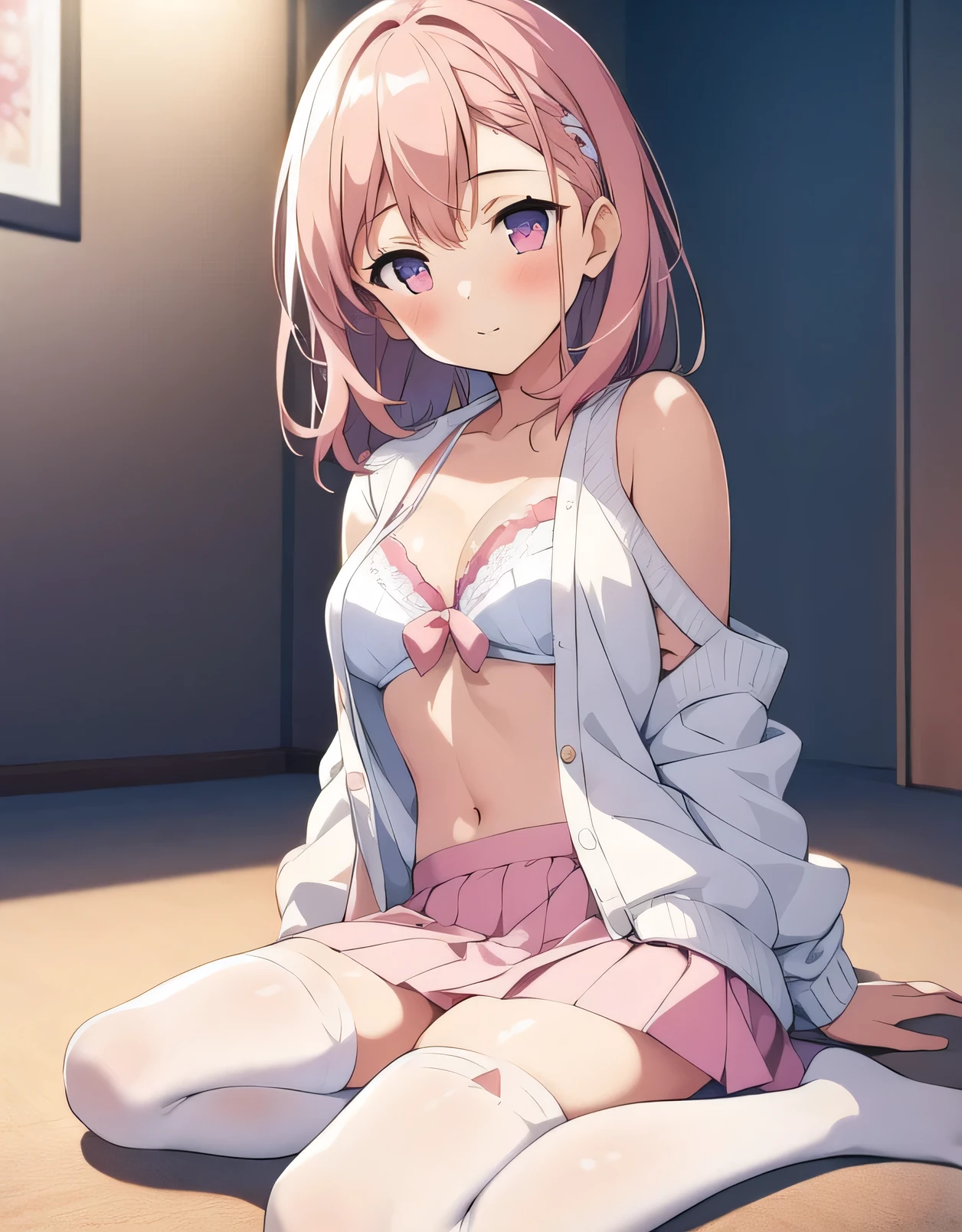 Hitori  gotou  ,1girl , anime , masterpiece  , pink hair, jaqueta aberta open clothes , disappointed face , solo , pink jacket, open clothes, bra , medium  breasts, pantie lingerie ,  socks , looking at viewer . Front , bedroom 