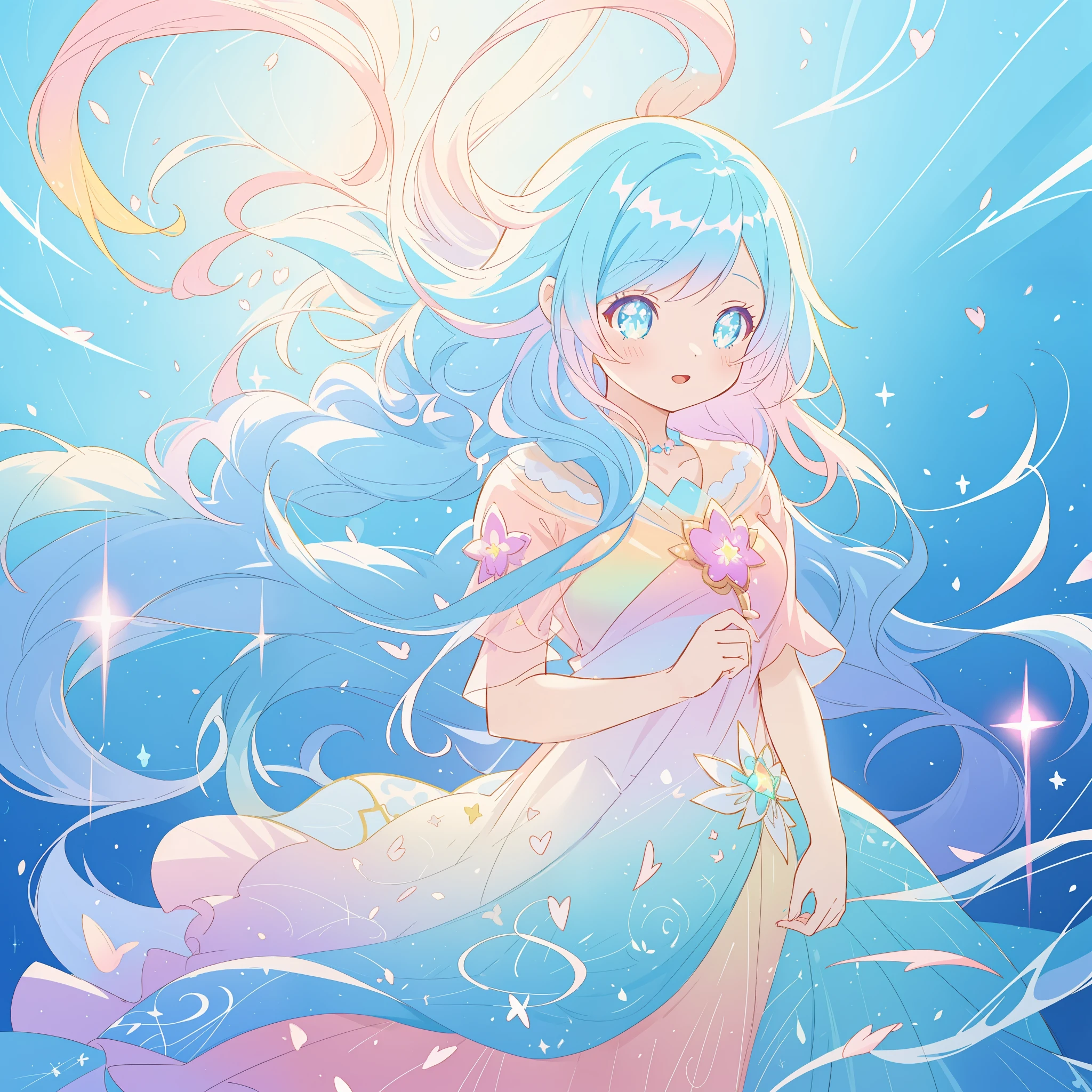 beautiful anime girl in gradient flowing dress, vibrant pastel colors, (colorful), long flowing colorful gradient hair, magical lights, sparkling lines of light, inspired by Glen Keane, inspired by Lois van Baarle, disney art style, by Lois van Baarle, glowing aura around her, by Glen Keane, jen bartel, glowing lights! digital painting, flowing glowing hair, glowing flowing hair, beautiful digital illustration, fantasia background, whimsical, magical, fantasy, beautiful face, ((masterpiece, best quality)), intricate details, highly detailed, sharp focus, 8k resolution, sparkling detailed eyes, liquid watercolor