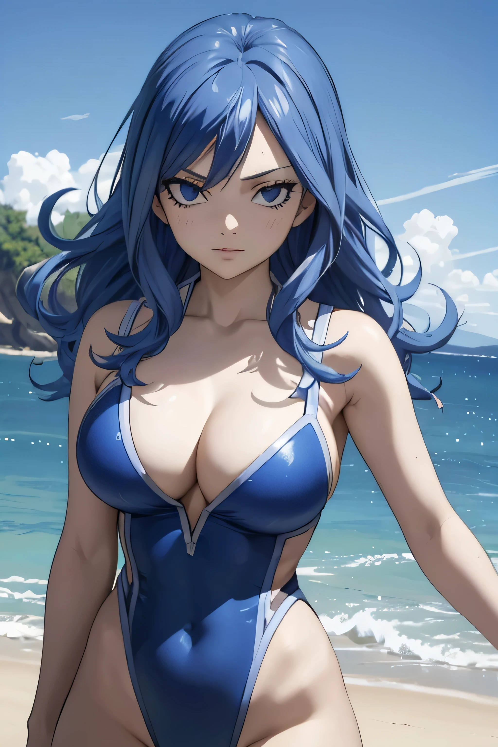 absurdos, high resolution, ultra-afiado, 8K, {obra de arte}, olhos expressivos, extremamente detalhado, melhor qualidade, rosto perfeito, 1 garota, Sozinho, juvia closet, olhos azuis, cabelo azul, praia, sorriso leve, deitada, vista de cima, leotard bikini,