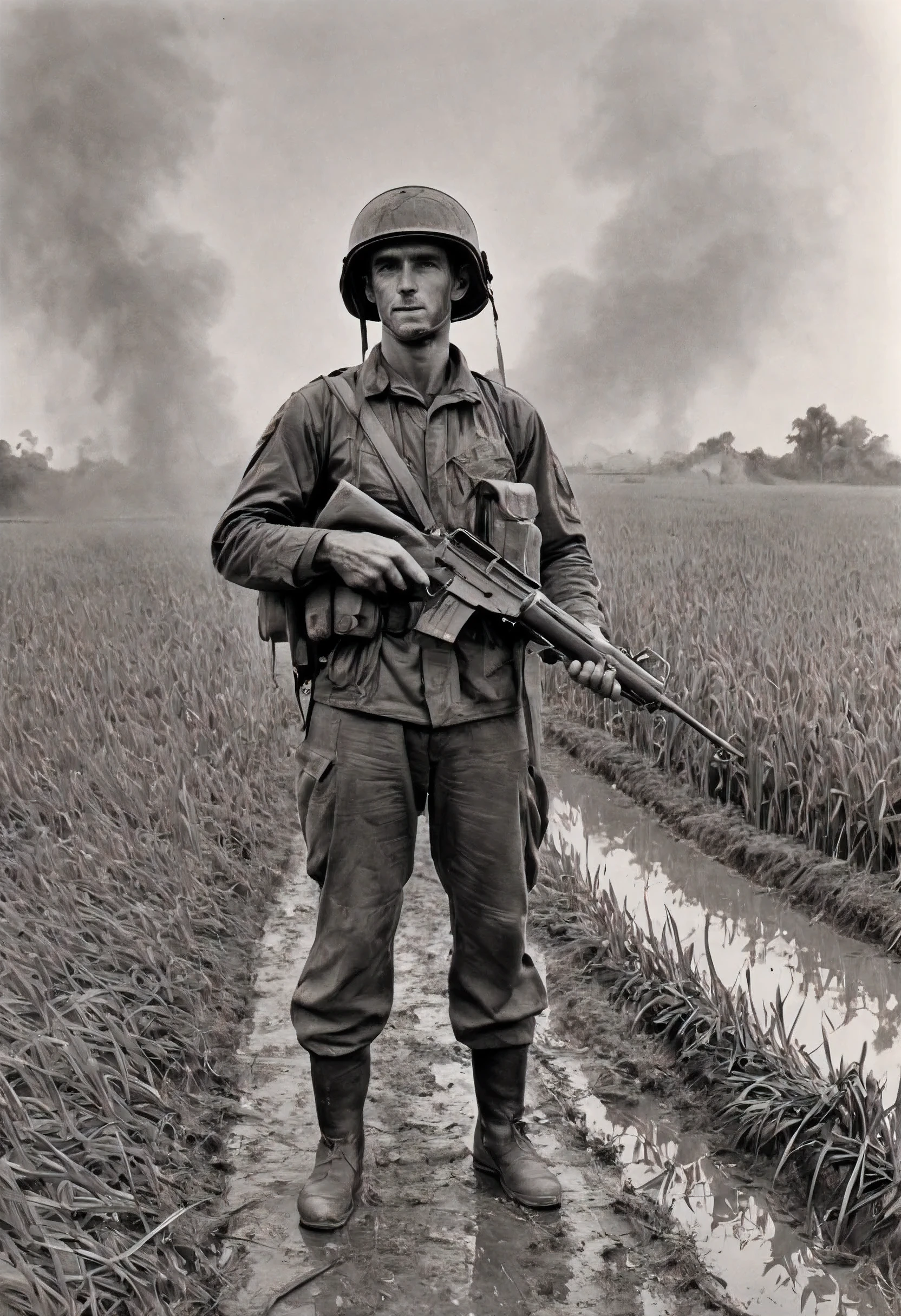 sketch, pencil sketch, shading in pencil, Vietnam War era. rice fields, rice paddy, portrait of American soldier in 1960 uniform (american military helmet with detachable strap, jacket without arms), american face, european face, standing in the middle of a rice field (rice paddy), holds an M16A1 rifle in his hands, burning village in the background, smoke elements in the background from the fire in the village, depth of field, 8k, film grain, raw photo, hdr, full shot, wide angle, dark vignette on corners