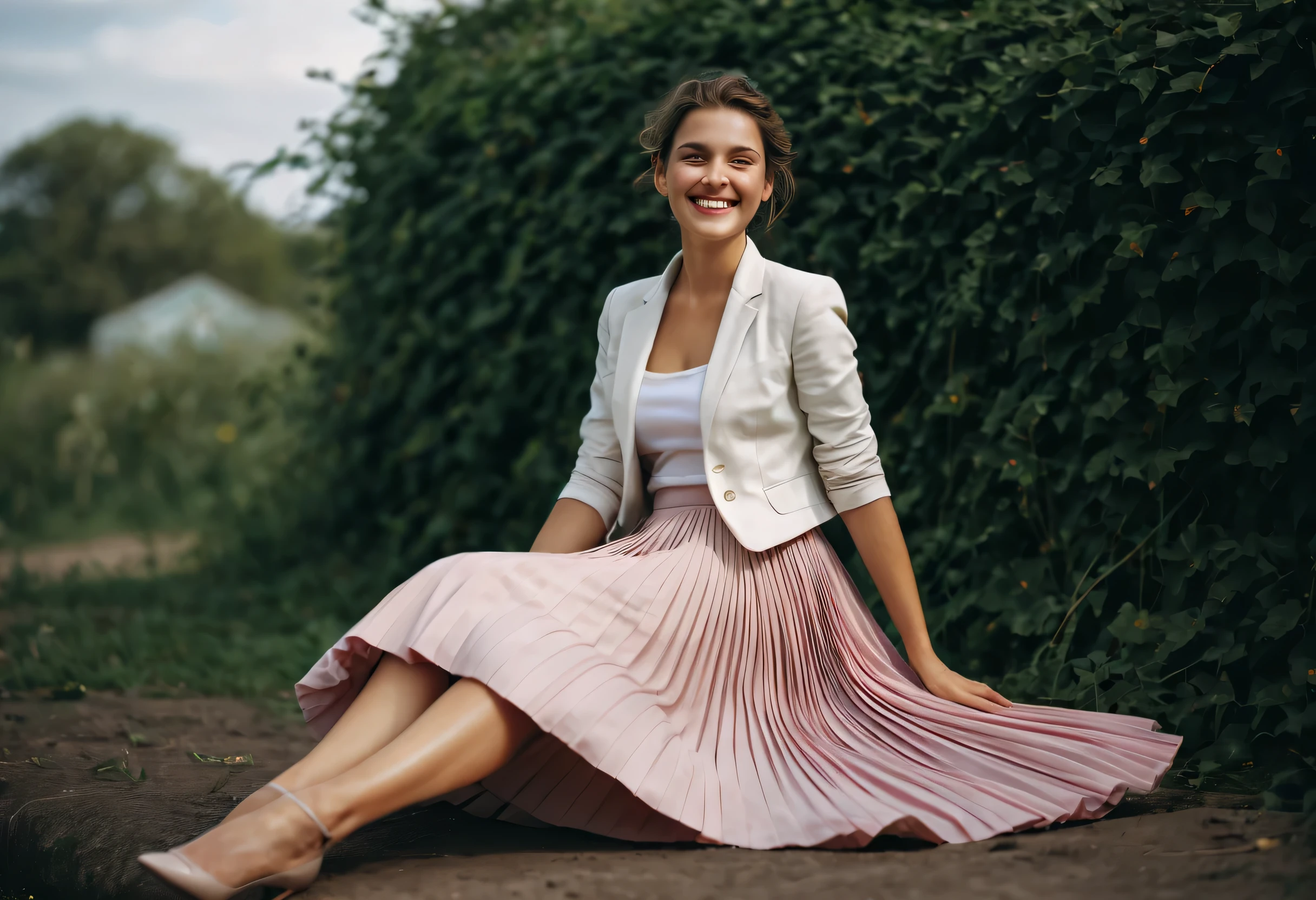 A smiling, authentic, (shy:1,3), kind, beautiful woman, is passionately in love with her skirt, sitting down on the gound while wind lifts her skirt, wearing short blazer and very very detailed (long (fully pleated) full circle skirt) and (low heeled court shoes), very very intricate hyper-detailed symmetric (attractive graceful young feminine face) with (sad, tired eyes and a loving smile), large breasts, full of empathy and compassion and love, (pronounced (feminine) features), (highly detailed ultra accurate realistic) hands and fingers, (windy), epic composition, highly detailed attributes, (35mm f1.4 Kodak portra 400 photograph), extremely high quality RAW photograph, highly detailed atmosphere, sci-fi, cinematic shot, dynamic lighting, 75mm, Technicolor, Panavision, cinemascope, sharp focus, fine details, 8k, HDR, realism, realistic, key visual, film still, superb cinematic color grading, depth of field