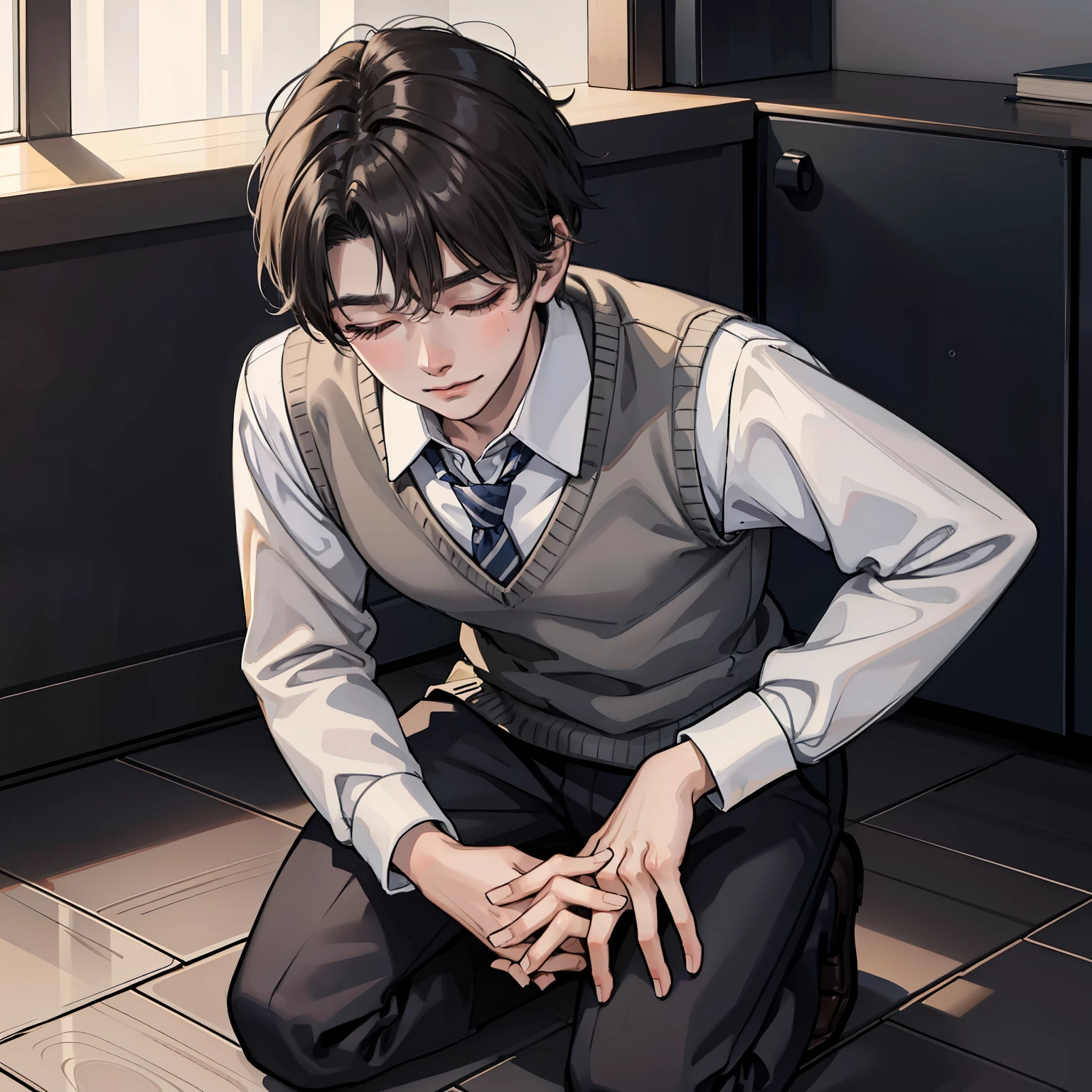 teenager boy, cute, dress shirt and tie under grey sweater vest, kneeling down, praying, christian, hands together, eyes closed