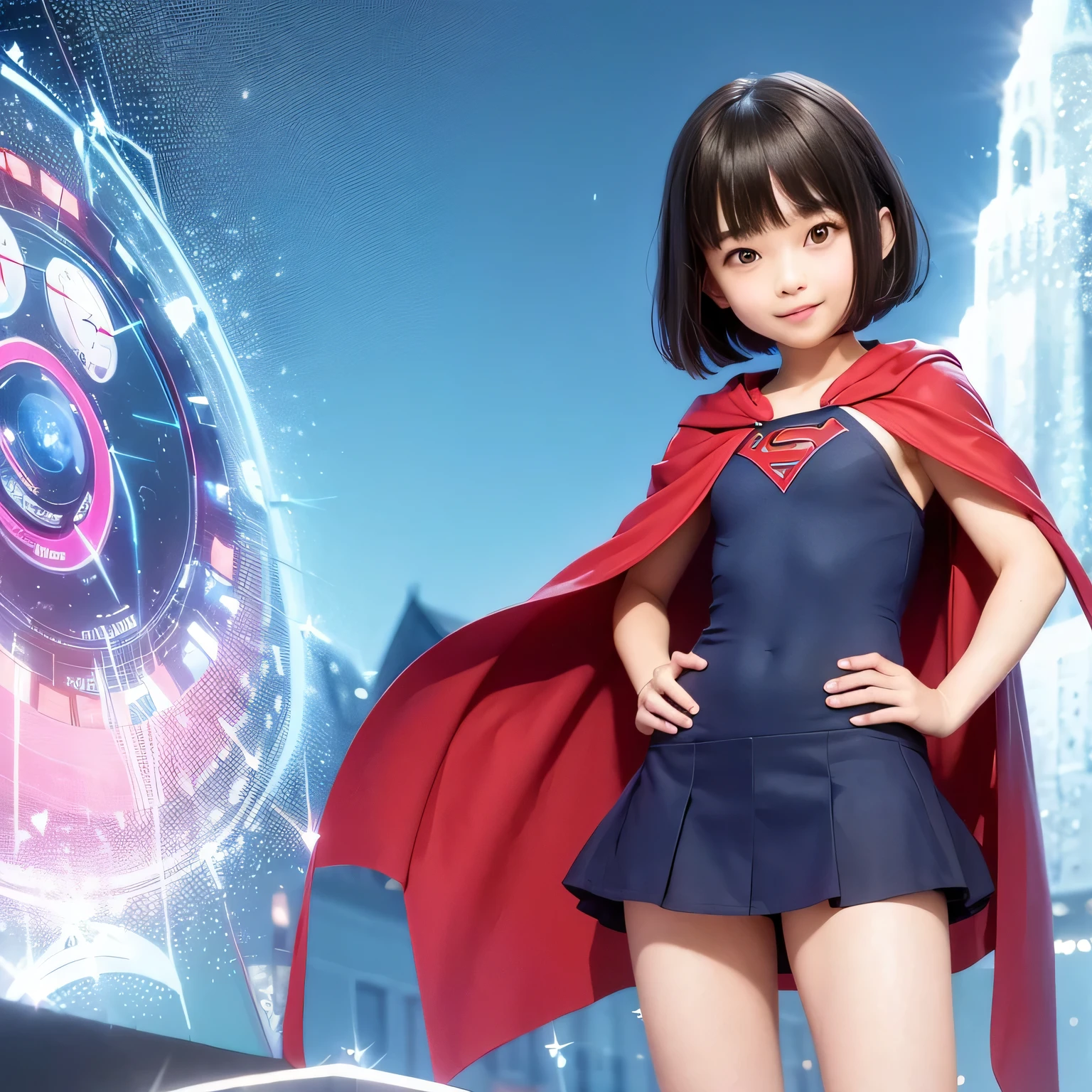 Easter piece featuring elementary school sisters wearing Supergirl clothes、highest quality、Spreading black hair、bob cut with trimmed ends、(flat chest)、lolicon、red cloak、short sleeve、pink heart shaped particles、whole body、smile、(High leg)、thin crotch、please put the condom in your mouth、lace queen costume、Rooftop background with pool、whole body、smile、stand with hands on hips