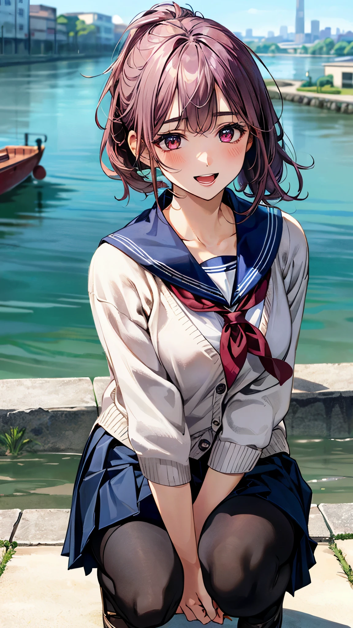 (masterpiece:1.2, top-quality, ultra high res, ultra detailed), (realistic, photorealistic:1.4), beautiful illustration, (natural side lighting, movie lighting), 
looking at viewer, 1 girl, japanese, high school girl, perfect face, (perfect anatomy), cute and symmetrical face, shiny skin, slender, 
(short hair, side ponytail, purple hair), asymmetrical bangs, dark red eyes, drooping eyes, big eyes, long eye lasher, (medium breasts), 
beautiful hair, beautiful face, beautiful detailed eyes, beautiful clavicle, beautiful body, beautiful chest, beautiful thigh, beautiful legs, 
((dark pink cardigan, white sailor fuku with blue line, navy pleated skirt, white sailor collar, red sailor scarf, black tights)), pink hair chouchou, navy school bag, 
(beautiful scenery), depth of field, morning, (riverside, cityscape in the distance), squatting, (lovely smile, upper eyes, open mouth),