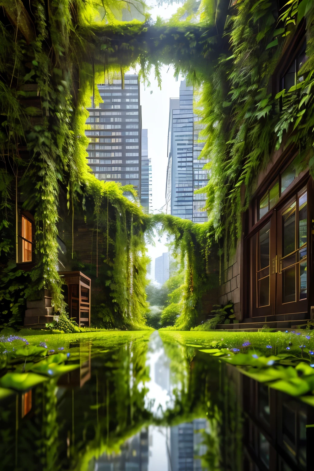 An image of a bustling city skyline, where towering buildings reach for the sky, their glass windows reflecting the vibrant lights that illuminate the urban jungle below. Amidst the chaos of modern civilization, a hidden entrance lies nestled, almost camouflaged by the overgrown foliage. The entrance is marked by ivy-covered walls, their lush green tendrils intertwining to create a natural archway. Moss hangs heavy from the walls and the ground below is speckled with vibrant wildflowers. As one approaches, the stillness and tranquility of the forest stands in stark contrast to the cacophony of the city, inviting the view