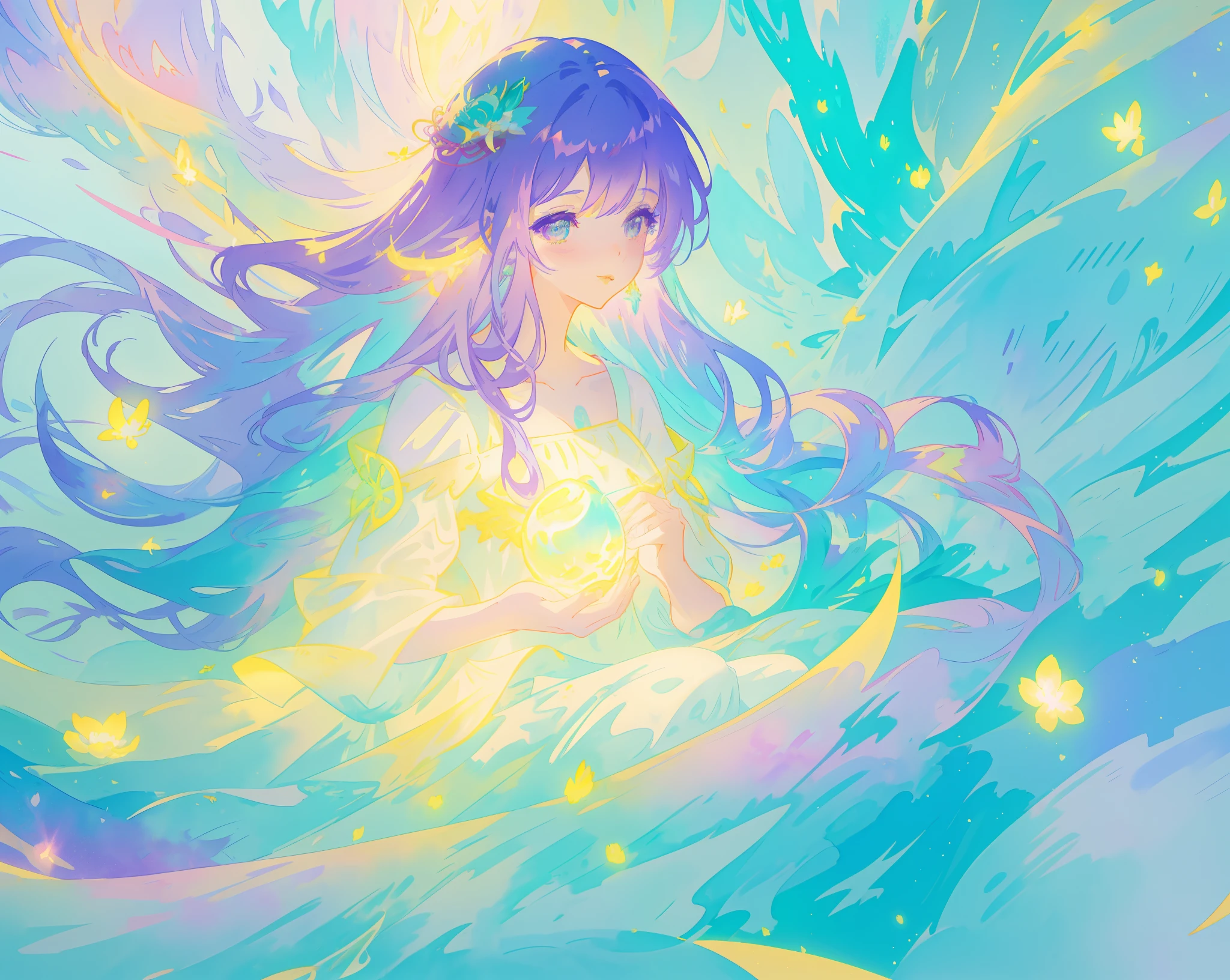 beautiful girl in yellow mint gradient flowing ballgown, long flowing blue purple hair, colorful fantasia background, watercolor illustration, disney art style, glowing aura around her, glowing lights, beautiful digital illustration, fantasia otherworldly landscape plants flowers, beautiful, masterpiece, best quality, anime disney style