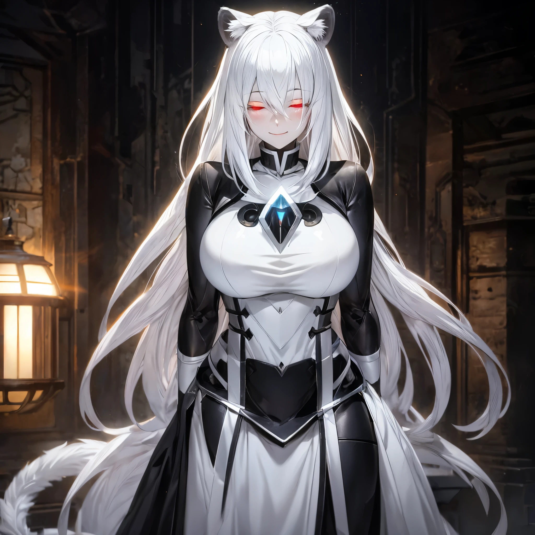Dou colored hair, White hair Strands, Black Hair Strands, half-closed eyes, blind, White tiger ears, White Tiger tail, huge chest, long hair, cute, female, 4k, young, alone, dark aura, evil smile, Atla Fayon, revealing outfit, solo female, masutepiece, Highly detailed CG unified 8K wallpapers, 8K UHD, Digital SLR, High quality, clean, Best Illumination, God in white armor, one white winged, Glowing eyes, Cinematic, Ultra-high resolution, ultra high detailed, hight resolution, shadowverse style.
