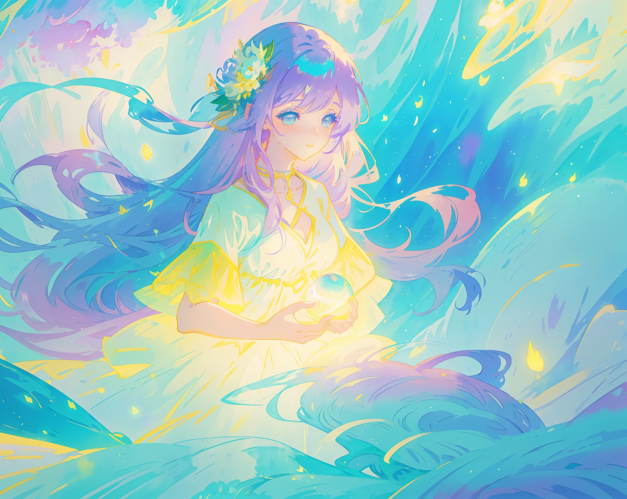 beautiful girl in yellow mint gradient flowing ballgown, long flowing blue purple hair, colorful fantasia background, watercolor illustration, disney art style, glowing aura around her, glowing lights, beautiful digital illustration, fantasia otherworldly landscape plants flowers, beautiful, masterpiece, best quality, anime disney style