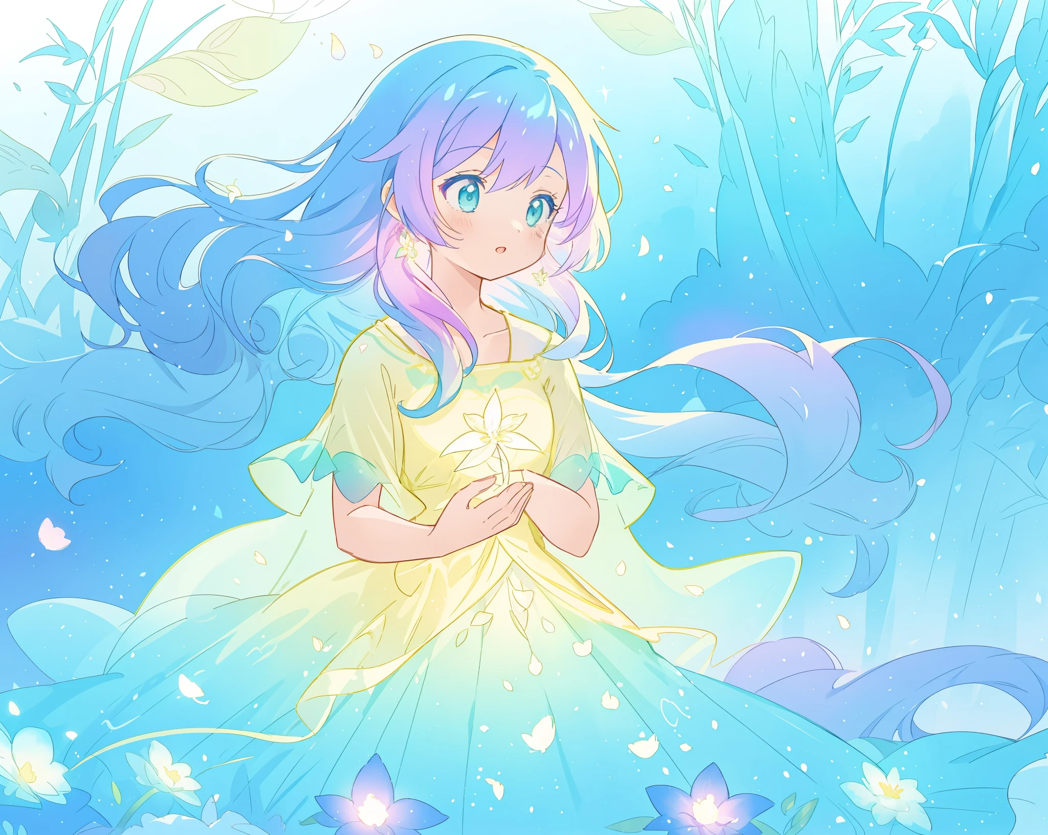 beautiful girl in yellow mint gradient flowing ballgown, long flowing blue purple hair, colorful fantasia background, watercolor illustration, disney art style, glowing aura around her, glowing lights, beautiful digital illustration, fantasia otherworldly landscape plants flowers, beautiful, masterpiece, best quality, anime disney style