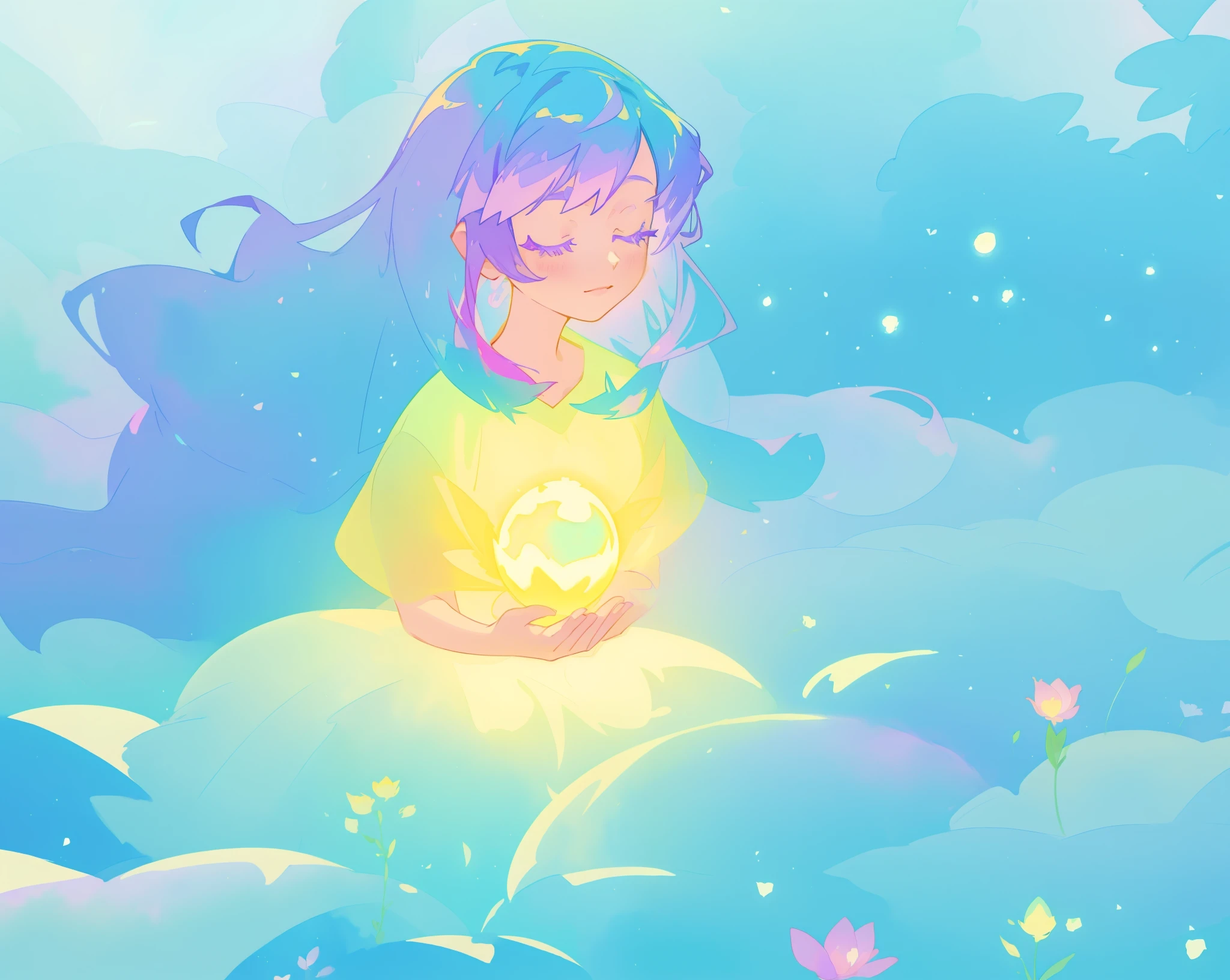 beautiful girl in yellow mint gradient flowing ballgown, long flowing blue purple hair, colorful fantasia background, watercolor illustration, disney art style, glowing aura around her, glowing lights, beautiful digital illustration, fantasia otherworldly landscape plants flowers, beautiful, masterpiece, best quality, anime disney style