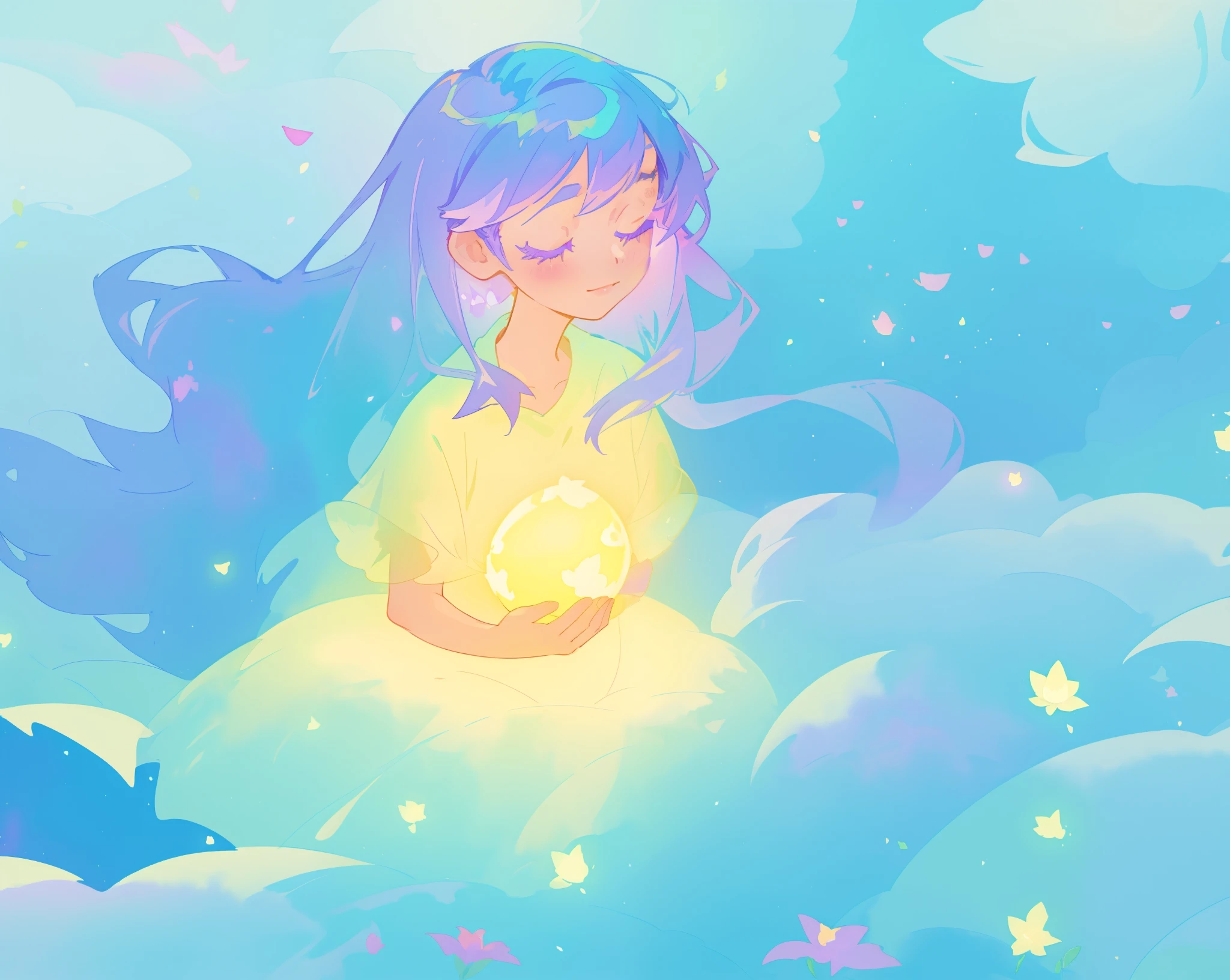 beautiful girl in yellow mint gradient flowing ballgown, long flowing blue purple hair, colorful fantasia background, watercolor illustration, disney art style, glowing aura around her, glowing lights, beautiful digital illustration, fantasia otherworldly landscape plants flowers, beautiful, masterpiece, best quality, anime disney style