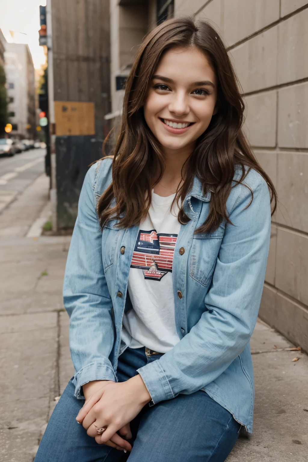 20-25 years old pretty girl, realistic, american, laughing in casual environment