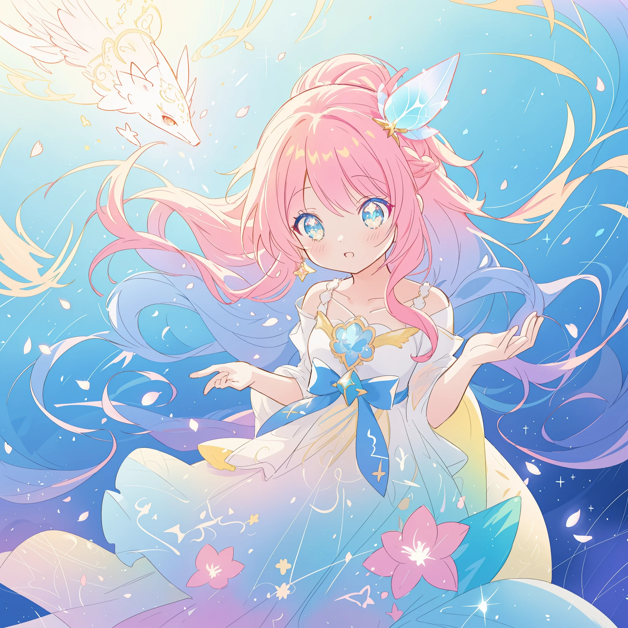 beautiful anime girl in gradient flowing dress, vibrant pastel colors, (colorful), long flowing colorful gradient hair, magical lights, sparkling lines of light, inspired by Glen Keane, inspired by Lois van Baarle, disney art style, by Lois van Baarle, glowing aura around her, by Glen Keane, jen bartel, glowing lights! digital painting, flowing glowing hair, glowing flowing hair, beautiful digital illustration, fantasia background, whimsical, magical, fantasy, beautiful face, ((masterpiece, best quality)), intricate details, highly detailed, sharp focus, 8k resolution, sparkling detailed eyes, liquid watercolor