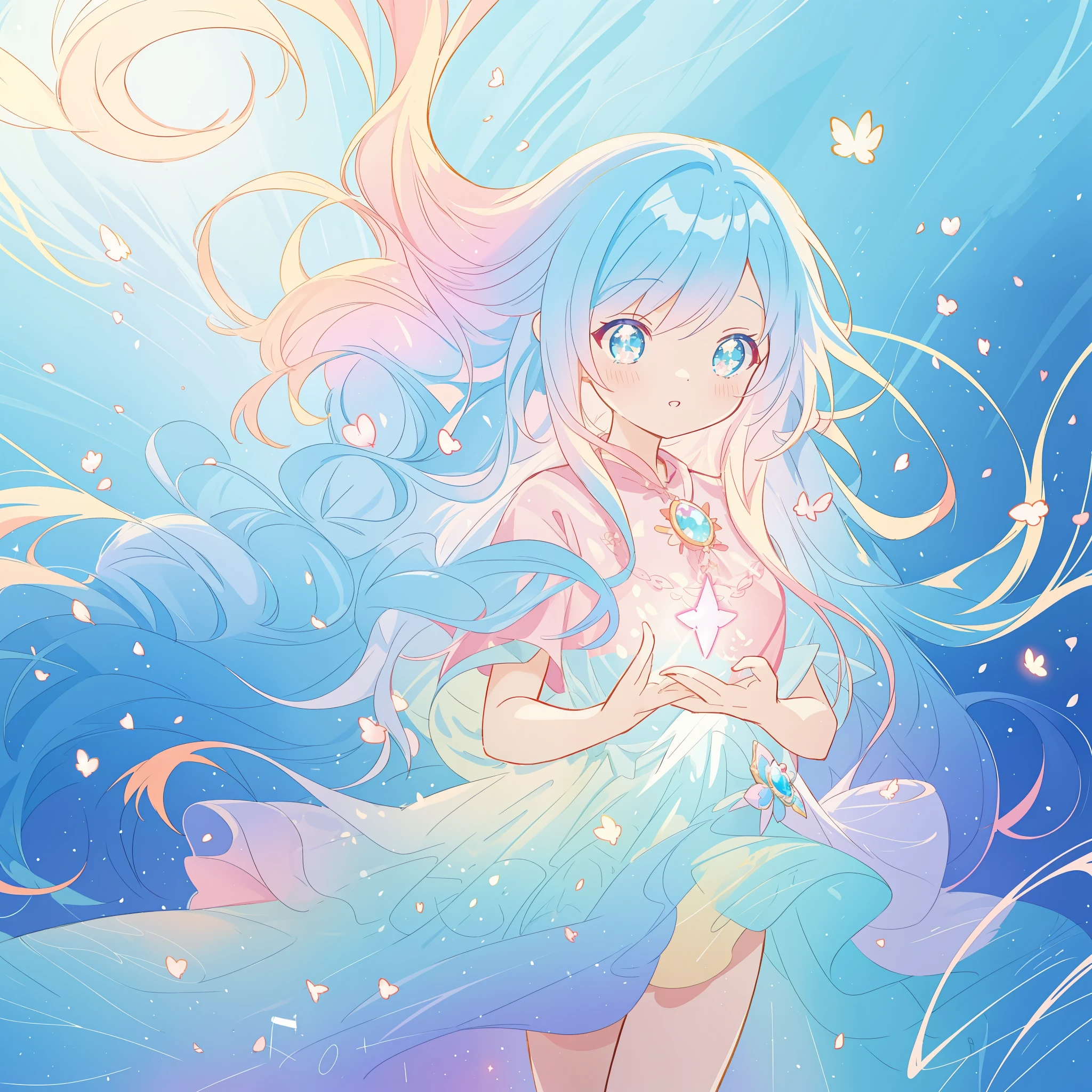 beautiful anime girl in gradient flowing dress, vibrant pastel colors, (colorful), long flowing colorful gradient hair, magical lights, sparkling lines of light, inspired by Glen Keane, inspired by Lois van Baarle, disney art style, by Lois van Baarle, glowing aura around her, by Glen Keane, jen bartel, glowing lights! digital painting, flowing glowing hair, glowing flowing hair, beautiful digital illustration, fantasia background, whimsical, magical, fantasy, beautiful face, ((masterpiece, best quality)), intricate details, highly detailed, sharp focus, 8k resolution, sparkling detailed eyes, liquid watercolor