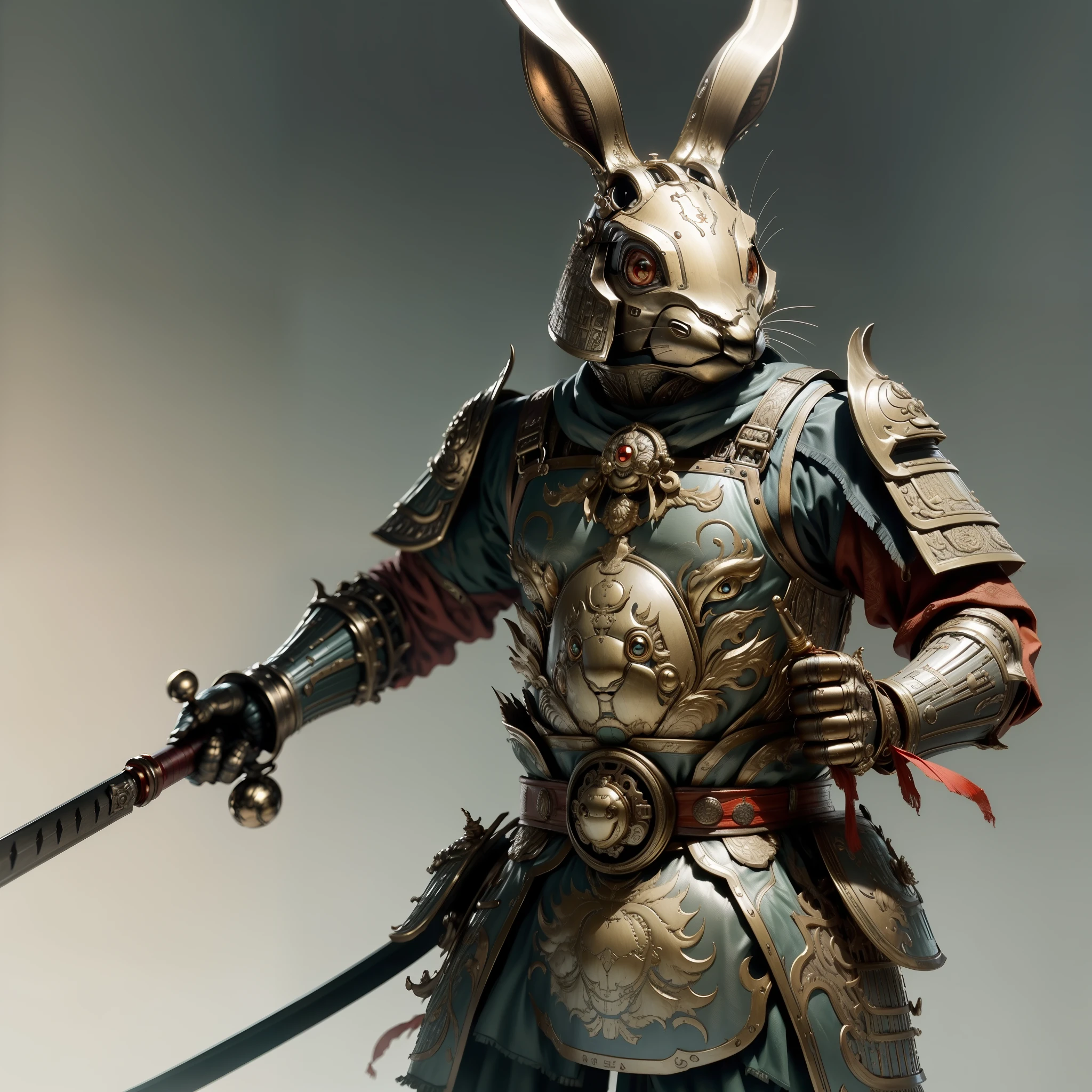 A red-eyed bronze robotic rabbit，Wearing bronze Chinese armor, Wield a longsword in a fighting stance