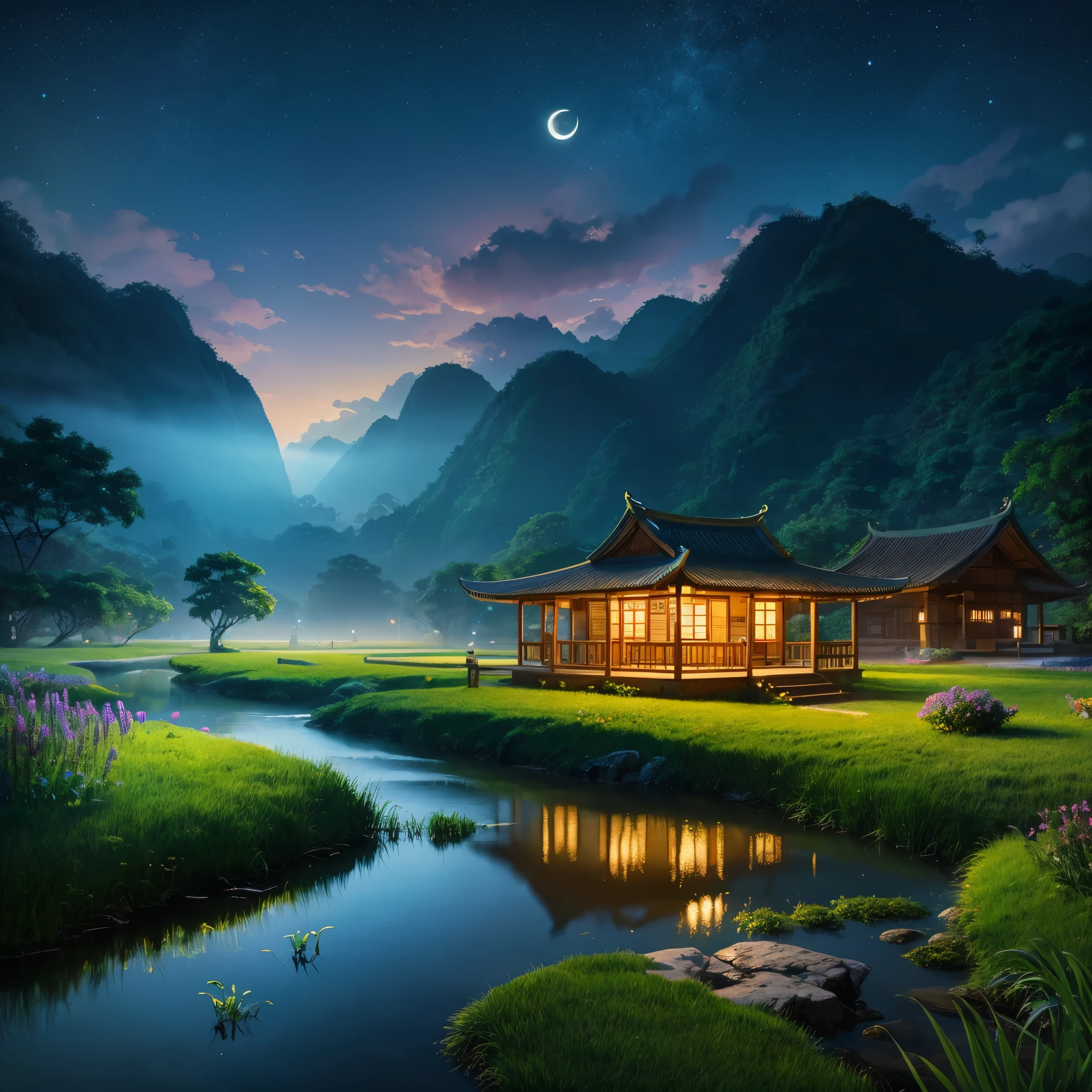 Night view with Asian house, vietnam, vietnam, Ha Giang Province, Moon, Lake in the foreground, calm night, Green and blue, Digital Illustration, 4K highly detailed digital art, nighttime scene, anime art wallpaper 4k, anime art wallpaper 4k, 4k detailed digital art, nighttime nature landscape, Anime art wallpaper 8k, background artwork, beautiful art uhd 4 k, 4K HD Illustration Wallpapers