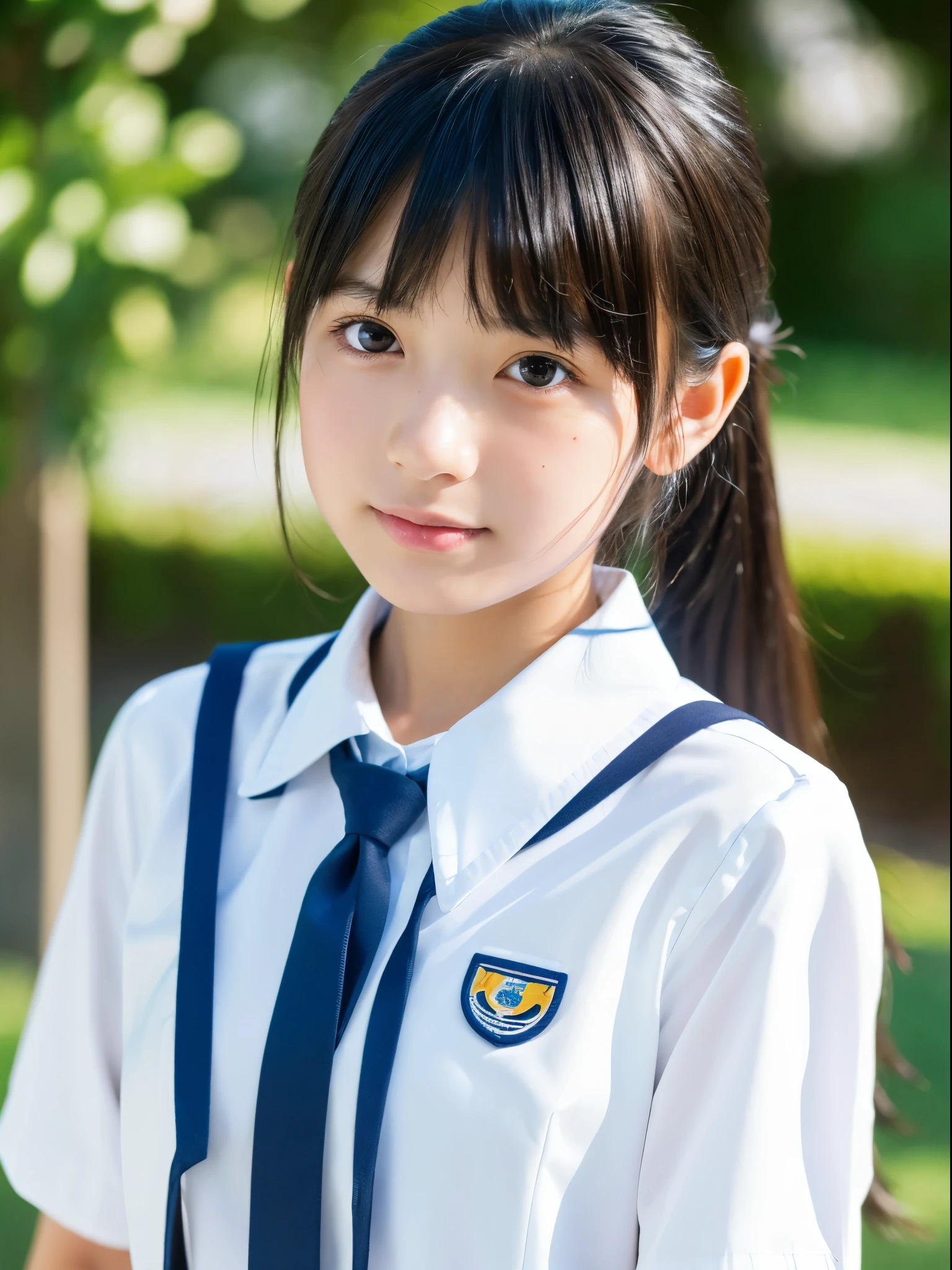 1 girl, alone, japanese girl, 12 years old, (highest quality, realistic, High resolution, 8k, super detailed, detailed face, shiny skin), japanese school uniform, collared shirt, white shirt, ribbon tie, black hair, choppy bangs, ponytail,