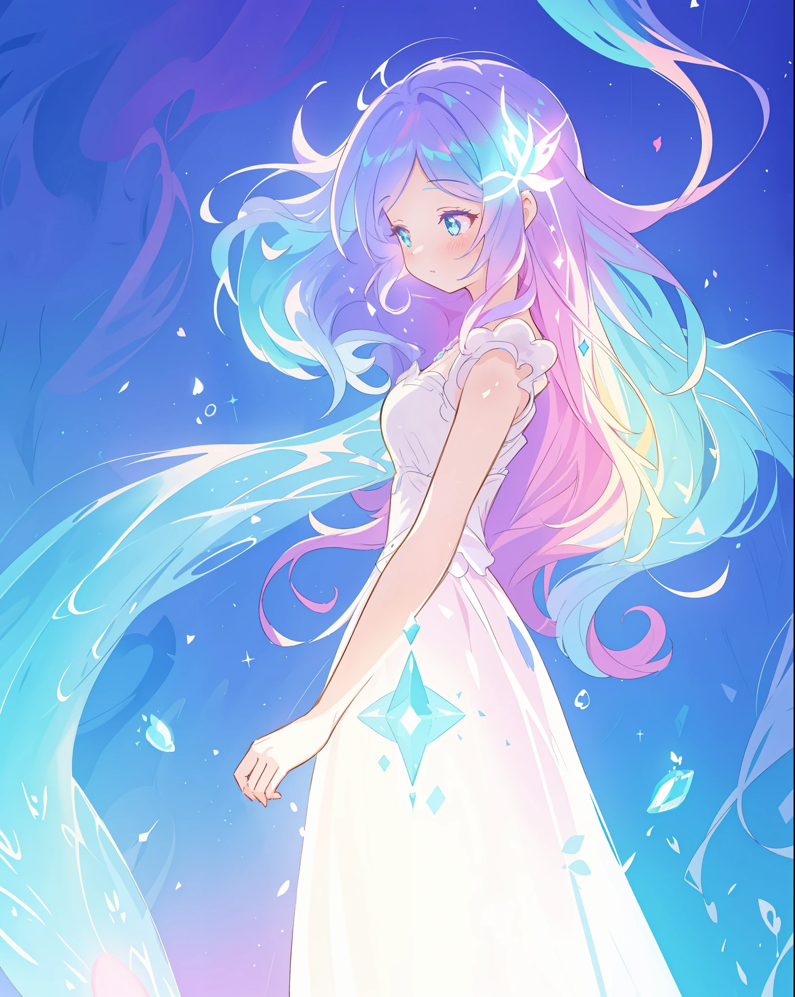 beautiful girl, simple white princess ballgown, vibrant pastel colors, (colorful), colorful flowing long liquid hair, magical lights, sparkling magical liquid, inspired by Glen Keane, inspired by Lois van Baarle, disney art style, by Lois van Baarle, glowing aura around her, by Glen Keane, jen bartel, glowing lights! digital painting, flowing glowing hair, glowing flowing hair, beautiful digital illustration, fantasia background, whimsical, magical, fantasy, ((masterpiece, best quality)), intricate details, highly detailed, sharp focus, 8k resolution, sparkling detailed eyes, liquid watercolor