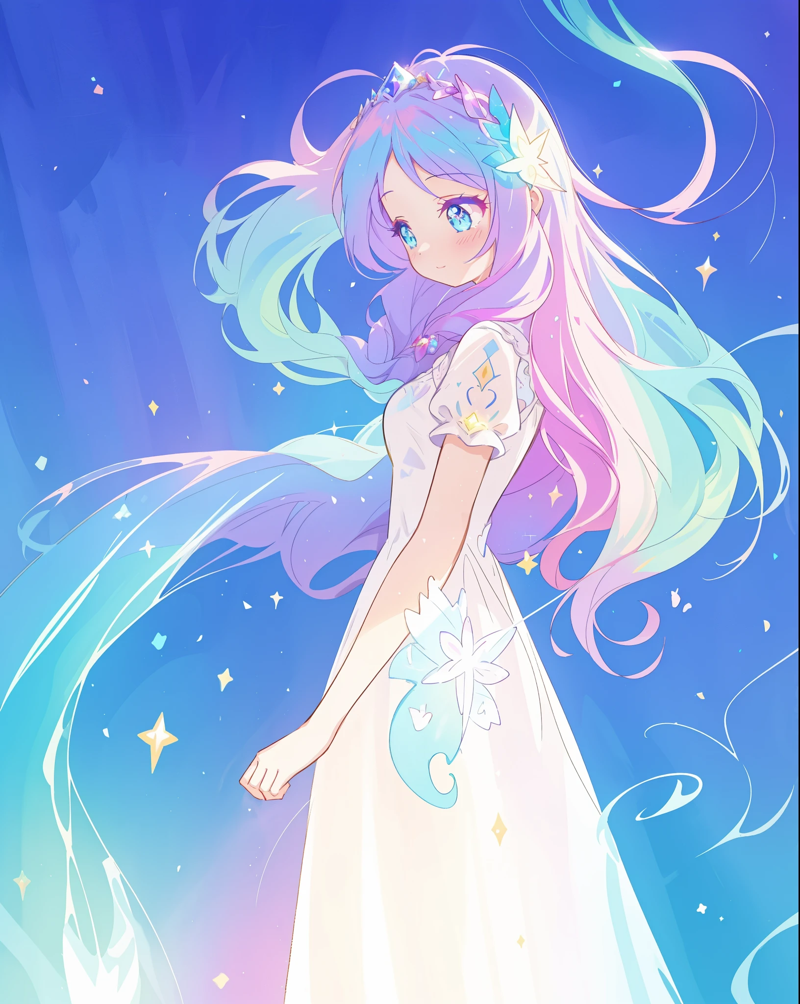 beautiful girl, simple white princess ballgown, vibrant pastel colors, (colorful), colorful flowing long liquid hair, magical lights, sparkling magical liquid, inspired by Glen Keane, inspired by Lois van Baarle, disney art style, by Lois van Baarle, glowing aura around her, by Glen Keane, jen bartel, glowing lights! digital painting, flowing glowing hair, glowing flowing hair, beautiful digital illustration, fantasia background, whimsical, magical, fantasy, ((masterpiece, best quality)), intricate details, highly detailed, sharp focus, 8k resolution, sparkling detailed eyes, liquid watercolor