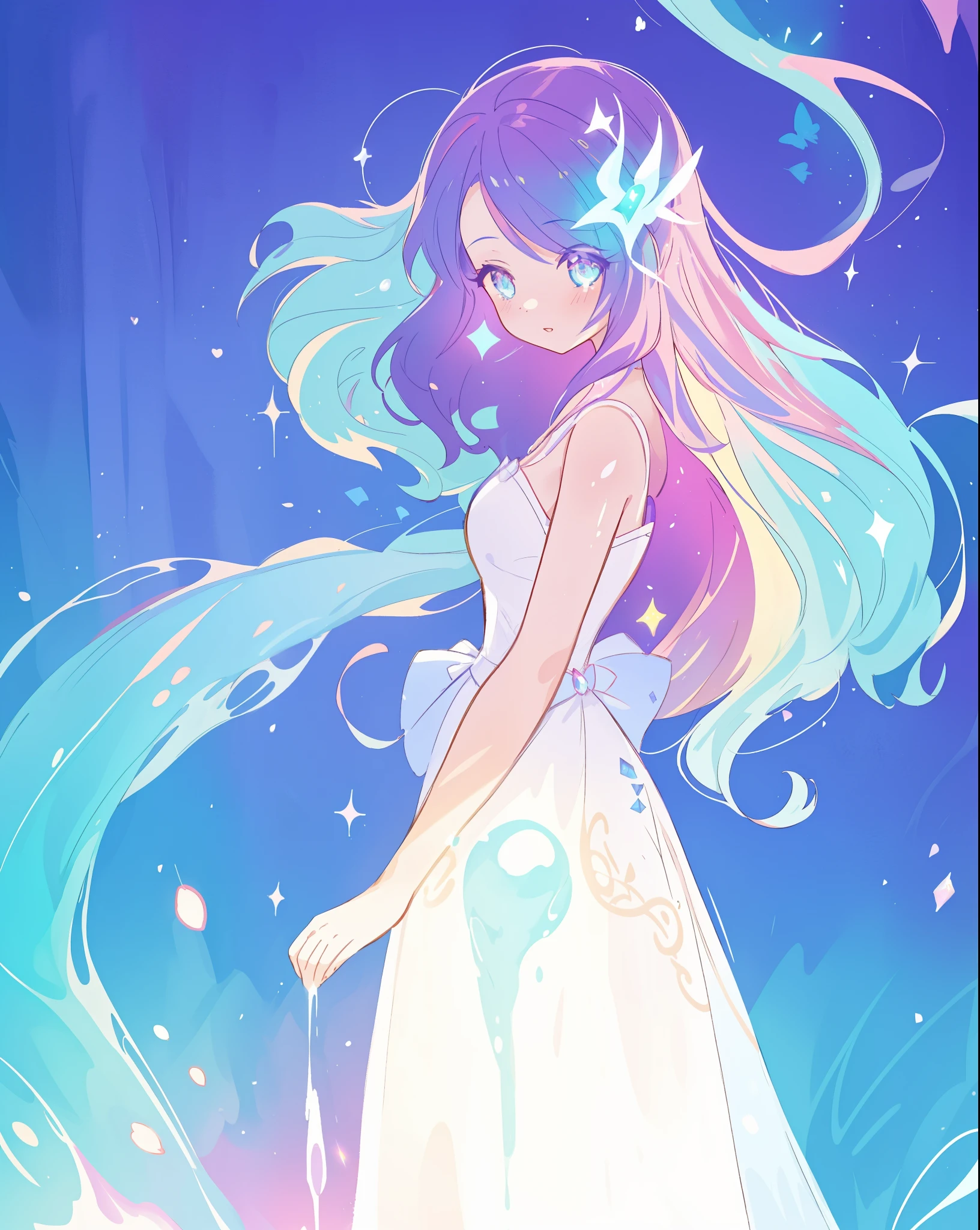 beautiful girl, simple white princess ballgown, vibrant pastel colors, (colorful), colorful flowing long liquid hair, magical lights, sparkling magical liquid, inspired by Glen Keane, inspired by Lois van Baarle, disney art style, by Lois van Baarle, glowing aura around her, by Glen Keane, jen bartel, glowing lights! digital painting, flowing glowing hair, glowing flowing hair, beautiful digital illustration, fantasia background, whimsical, magical, fantasy, ((masterpiece, best quality)), intricate details, highly detailed, sharp focus, 8k resolution, sparkling detailed eyes, liquid watercolor