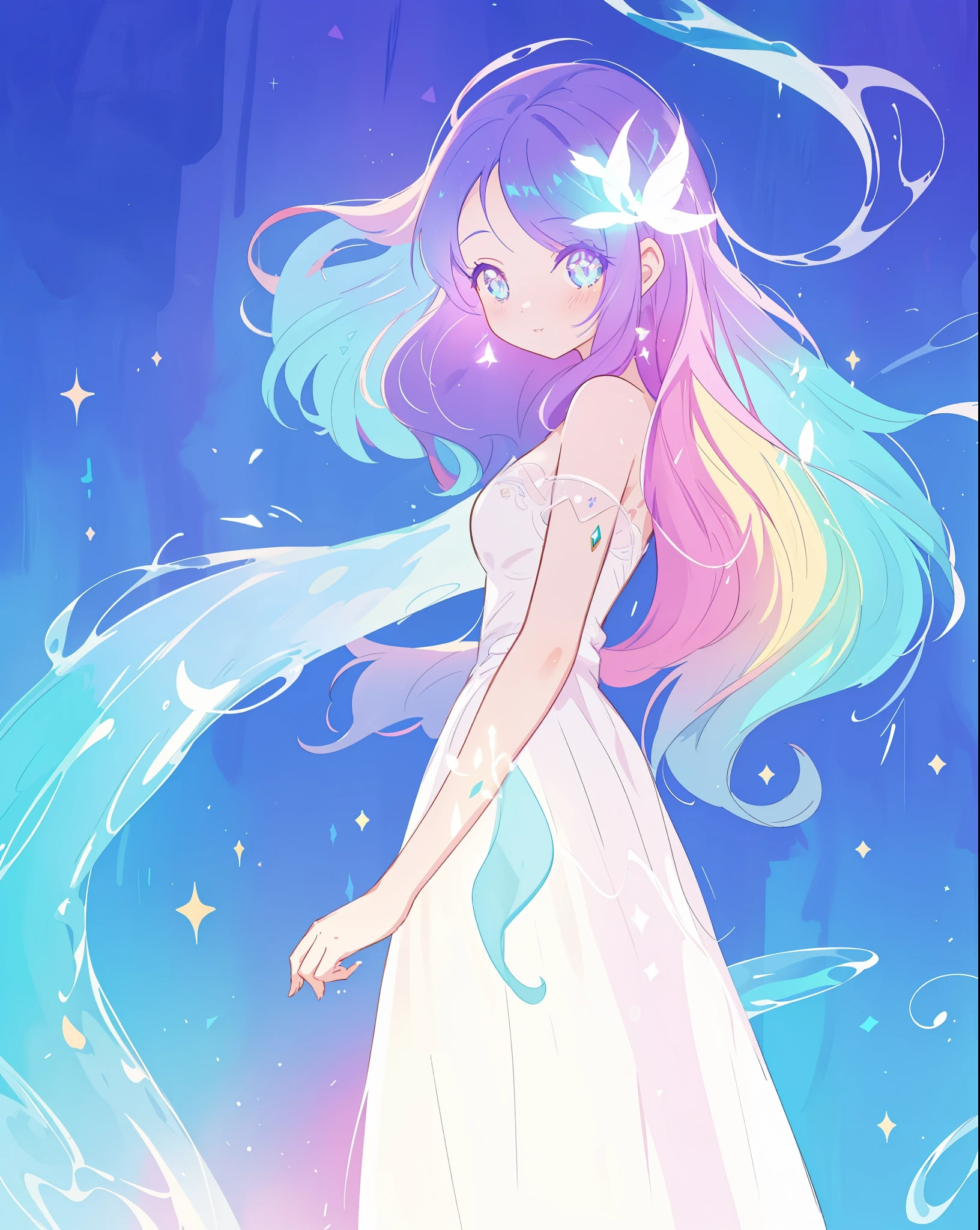 beautiful girl, simple white princess ballgown, vibrant pastel colors, (colorful), colorful flowing long liquid hair, magical lights, sparkling magical liquid, inspired by Glen Keane, inspired by Lois van Baarle, disney art style, by Lois van Baarle, glowing aura around her, by Glen Keane, jen bartel, glowing lights! digital painting, flowing glowing hair, glowing flowing hair, beautiful digital illustration, fantasia background, whimsical, magical, fantasy, ((masterpiece, best quality)), intricate details, highly detailed, sharp focus, 8k resolution, sparkling detailed eyes, liquid watercolor