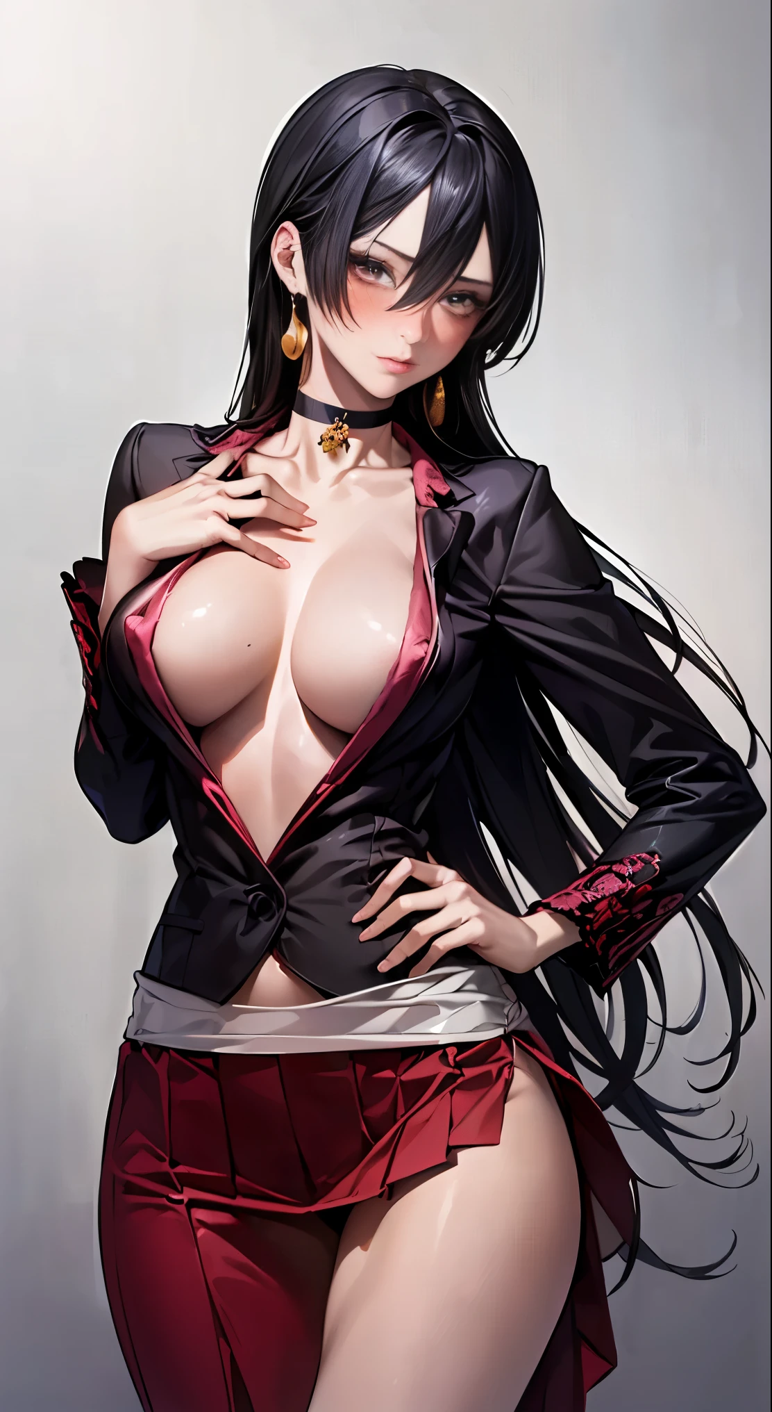 (masterpiece:1.2, highest quality), (realistic, photorealistic:1.4), beautiful illustrations,
looking at the viewer, whole body, Front view:0.6,
((1 female:1.9)), ((long straight black hair:1.9, princess cut:1.4)), bangs, hair between eyes, ((big breasts:1.6, big ass))
beautiful hair, beautiful face, beautiful and detailed eyes, (yellow eyes:1.3), beautiful clavicle, beautiful body, beautiful breasts, beautiful thighs, beautiful feet, beautiful fingers, perfect anatomy:1.3, perfect anatomy
(city)
((three piece suit:1.8, choker:1.6)), white panties:1.6,
((Grasp the hem of the skirt with your right hand, put your left hand on your chest, open your legs:1.3)),
(Look at the viewer while blushing:1.3)