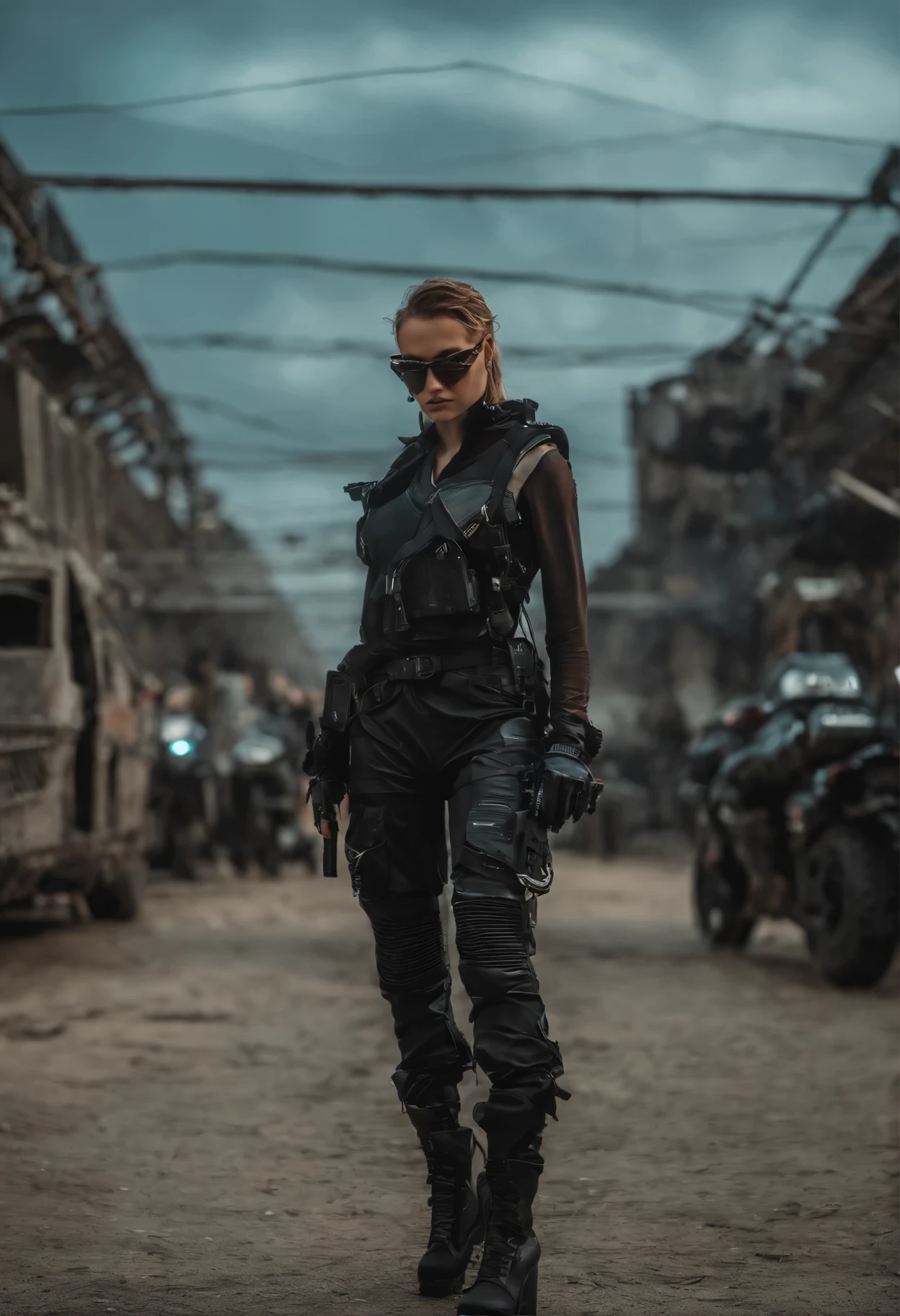 um close up de uma pessoa em um top preto e algumas armas, Fotografia de uma mulher techwear, cargo pants. cidade cyberpunk, Soldado mecanizado, usando top preto e armaduras, roupa cyberpunk, post-apocalyptic vibes, Todas as roupas pretas cyberpunk, roupa estilo cyberpunk, Cyberpunk feminino, garota cyberpunk, in a post-apocalyptic setting, cyberpunk zangada deusa lind