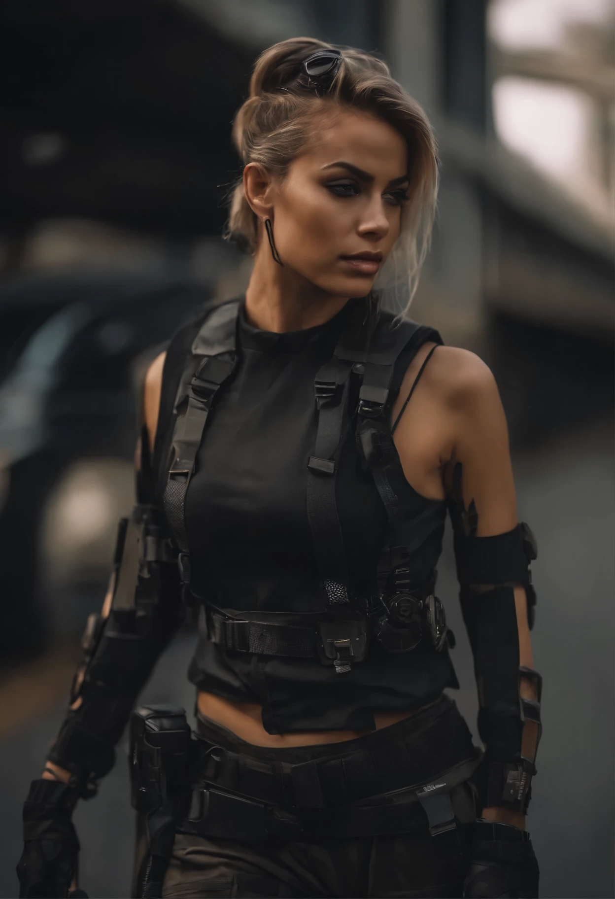 um close up de uma pessoa em um top preto e algumas armas, Fotografia de uma mulher techwear, cargo pants. cidade cyberpunk,  Soldado mecanizado, usando top preto e armaduras, roupa cyberpunk, post-apocalyptic vibes, Todas as roupas pretas cyberpunk, roupa estilo cyberpunk, Cyberpunk feminino, garota cyberpunk, in a post-apocalyptic setting, cyberpunk zangada deusa lind