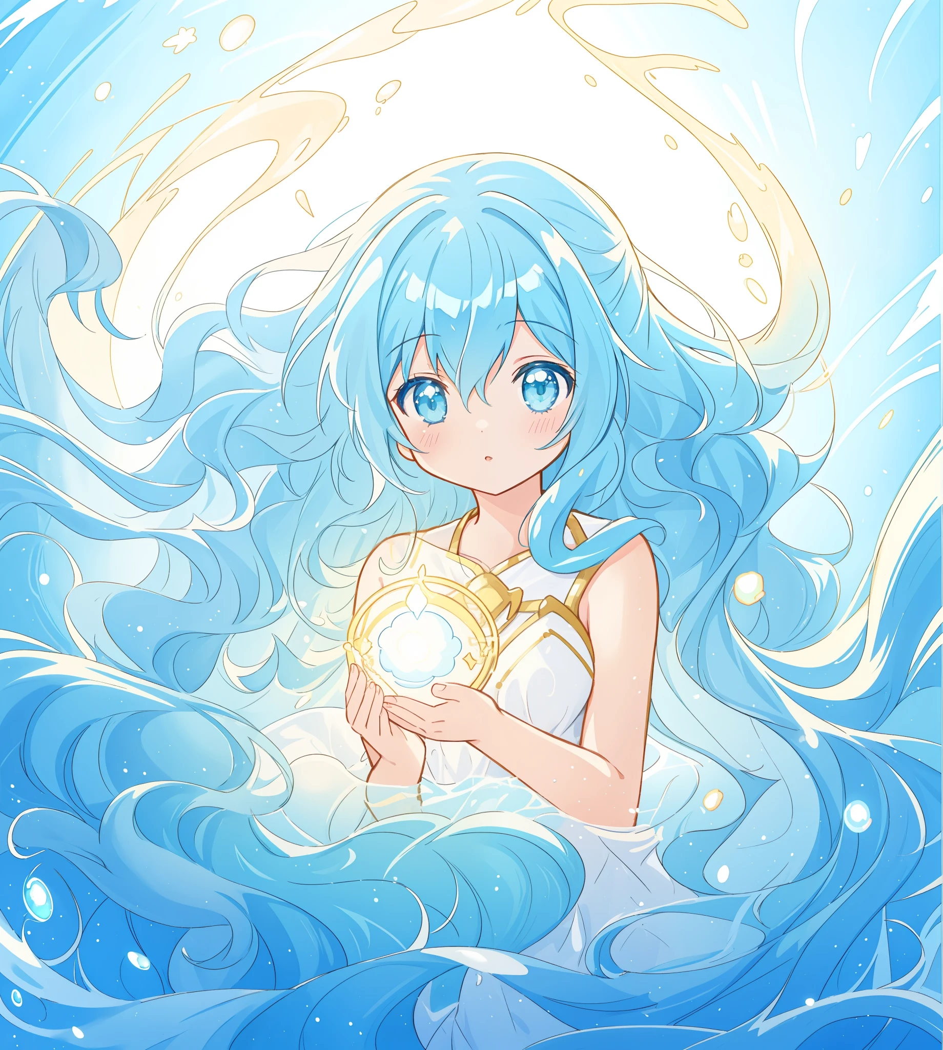 beautiful girl surrounded by liquid light, long wavy blue hair, blue watery liquid background, beautiful girl holding a glowing golden light, watercolor illustration, glowing aura around her, fantasia otherworldly, beautiful, masterpiece, best quality, anime disney style