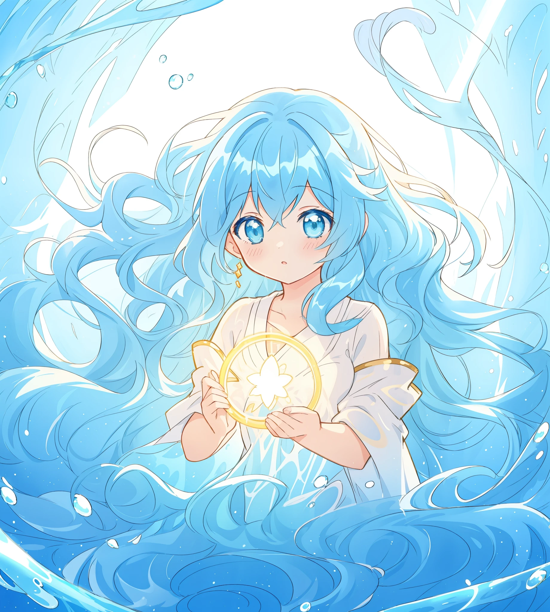 beautiful girl surrounded by liquid light, long wavy blue hair, blue watery liquid background, beautiful girl holding a glowing golden light, watercolor illustration, glowing aura around her, fantasia otherworldly, beautiful, masterpiece, best quality, anime disney style