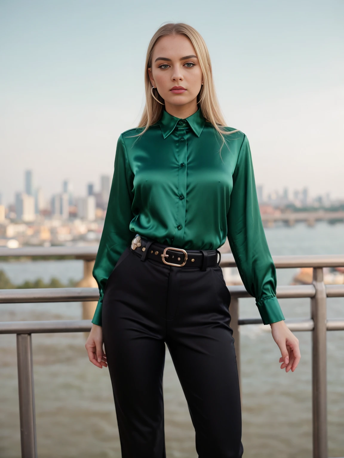 beautiful photograph of a smart looking 1girl, solo, wearing a royal green, satin collared shirt, very detailed fine silk fabric emphasis, perfectly defined button detailing, black pants with a belt, diamond stud earrings, long sleek blonde hair, brown eyes, freckles, serious expression, slender figure, standing against a country skyline at midday, cowboy shot, full body shot, photographed on a Fujifilm XT3, 80mm F/1.7 prime lens, cinematic film still, cinestill 500T, highly detailed, masterpiece, highest quality, intricately detailed, HDR, 8k, uhd, photorealistic
