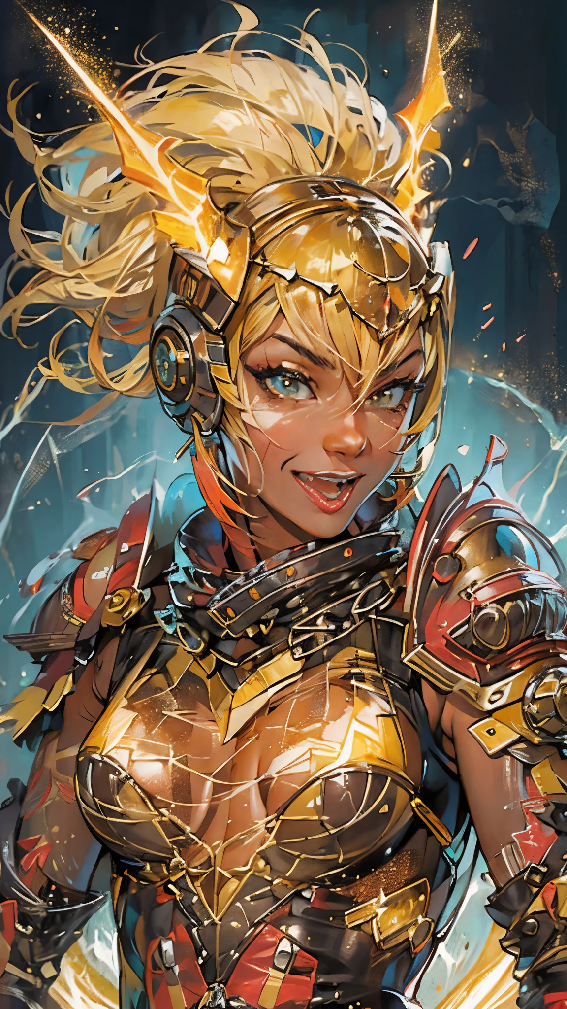 Armored alien princess with short, vibrant yellow hair and electrifying lightning powers resides in an uncharted galaxy. Her asymmetrical, stylized golden armor, adorned with electric design elements, shines brightly, reflecting her villainous personality. Her seductive smile and a provocative laugh accentuate her allure, contrasting the intimidating aura of her armor. Attacking the viewer while laughing