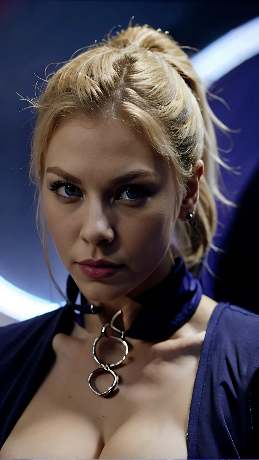 Sexy female assassin in purple clothes. Blonde ponytail hair with blue eyes. Serious attitude. Femme fetale. 