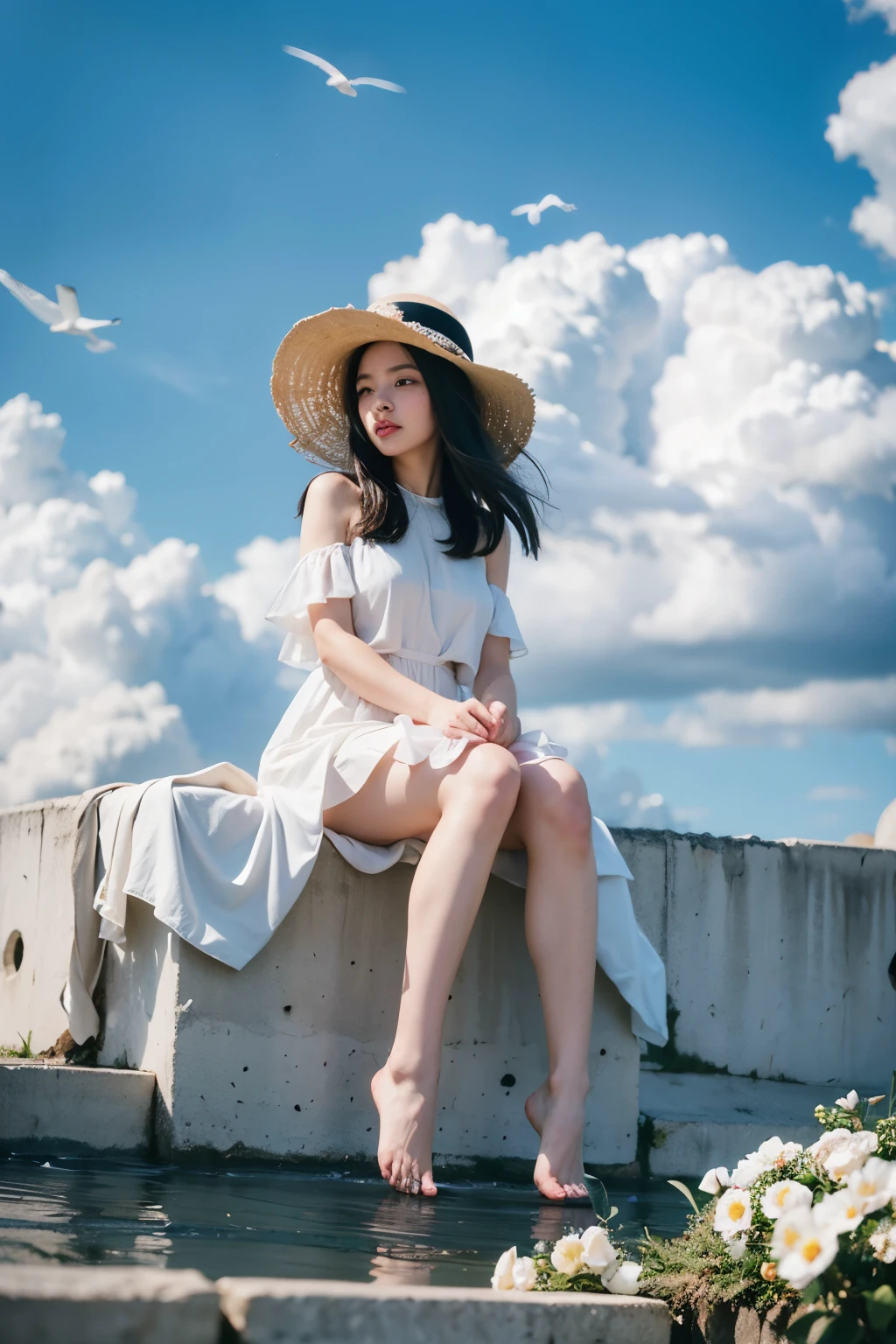 (Best quality, 8k, 32k, Masterpiece, UHD:1.2) "Generate a captivating artwork featuring a young Japanese girl model with short, sleek black hair styled in a chic bob haircut. Envision her bathed in dramatic cinematic lighting, creating an atmosphere of allure and mystery. Emphasize a romantic aesthetic vibe, showcasing the model in a poised and elegant pose that evokes a sense of intimacy and sophistication. Utilize warm and soft tones to enhance the romantic ambiance, and consider incorporating elements like flowing fabrics or flowers to add a touch of ethereal beauty. Capture the essence of romance and beauty through the model's expression, the play of light and shadows, and the overall aesthetic, creating a visually compelling and emotionally resonant piece." (perfect eyes), flawless skin, flawless face, cinematic, tight body, ((well-proportion female hands)), ((female hands with five digits)) ((Body is well proportioned)), ((chic bob haircut)), Blue Sky, Cliff,