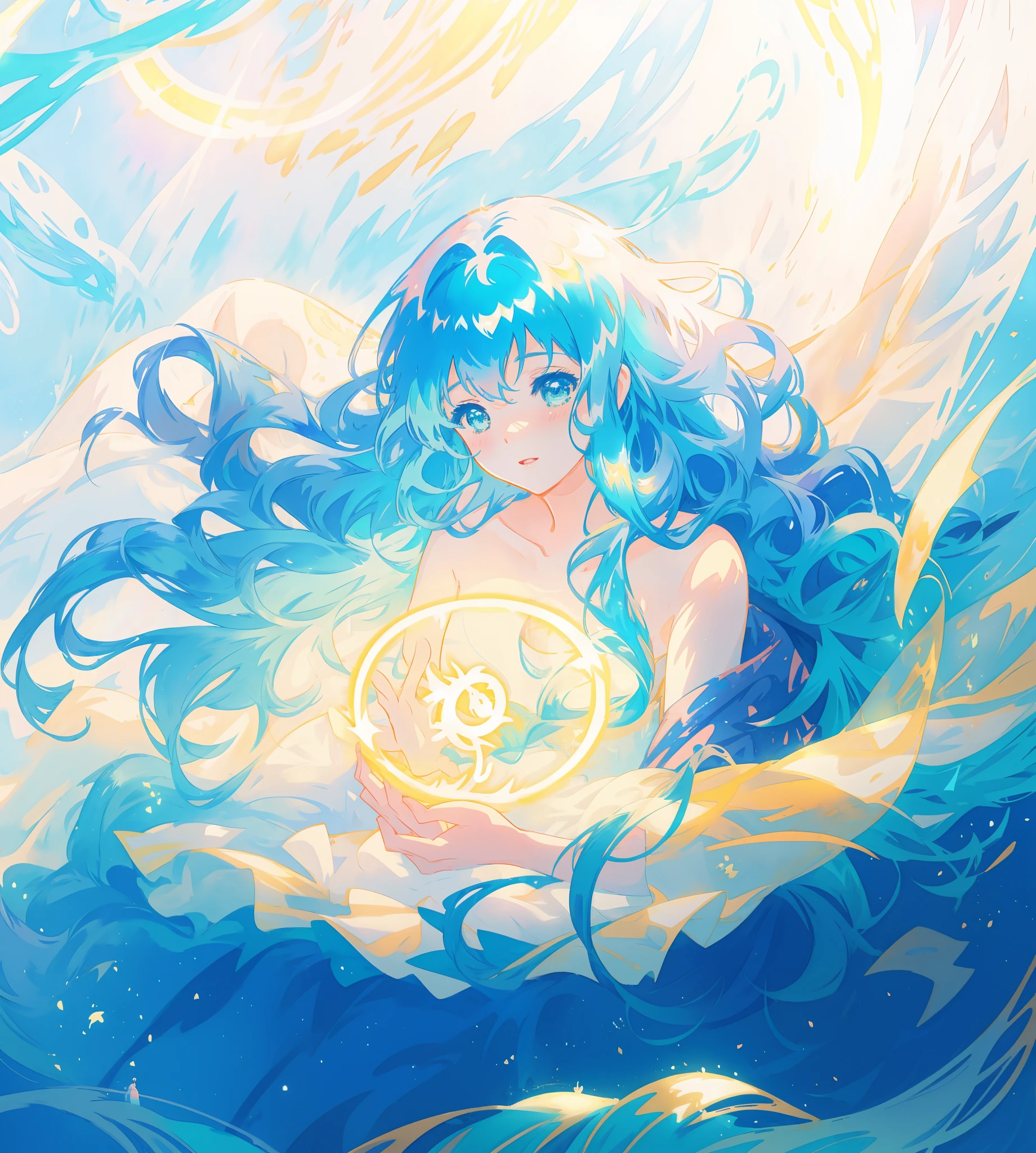 beautiful girl surrounded by liquid light, long wavy blue hair, blue watery liquid background, beautiful girl holding a glowing golden light, watercolor illustration, glowing aura around her, fantasia otherworldly, beautiful, masterpiece, best quality, anime disney style