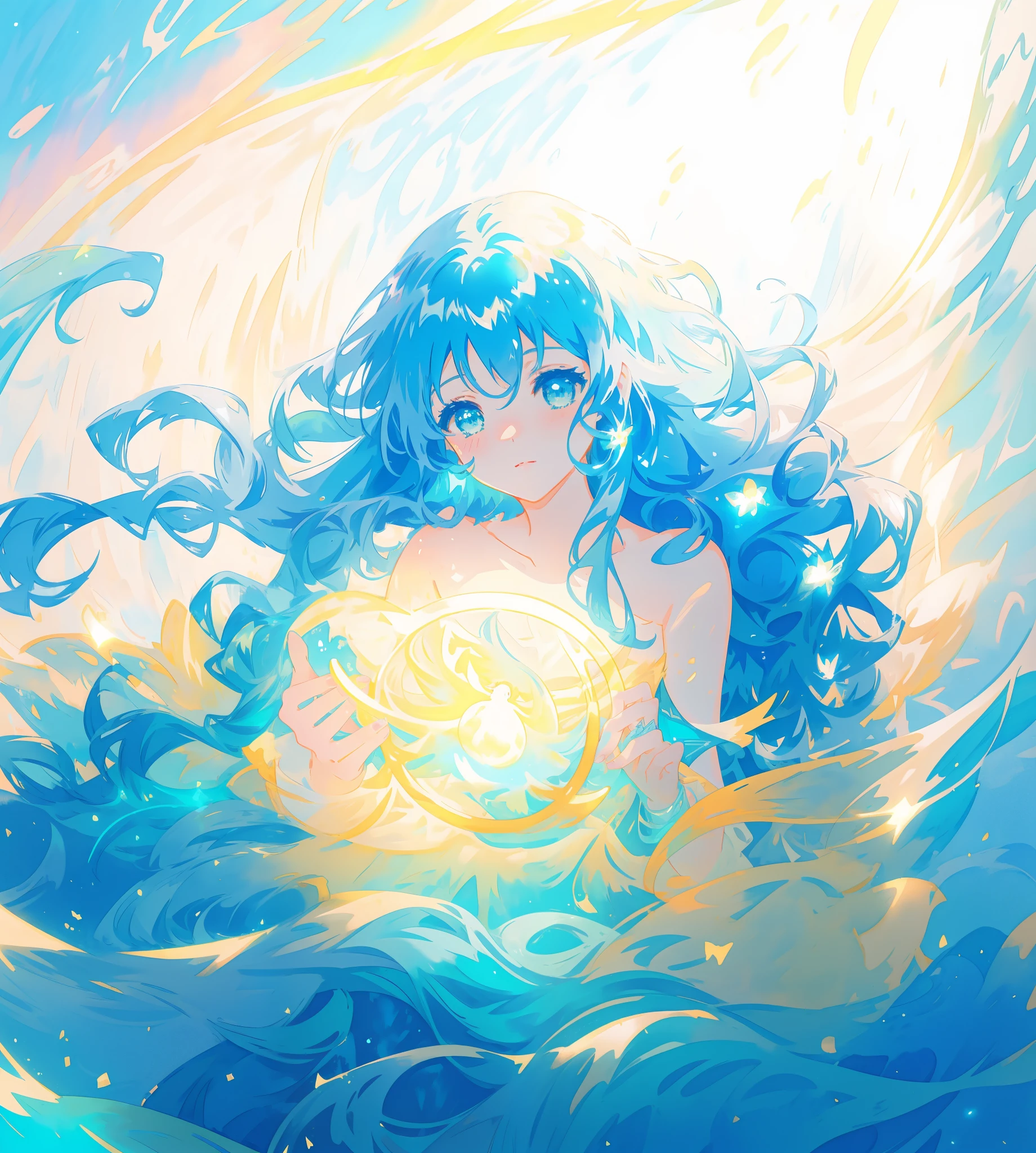 beautiful girl surrounded by liquid light, long wavy blue hair, blue watery liquid background, beautiful girl holding a glowing golden light, watercolor illustration, glowing aura around her, fantasia otherworldly, beautiful, masterpiece, best quality, anime disney style