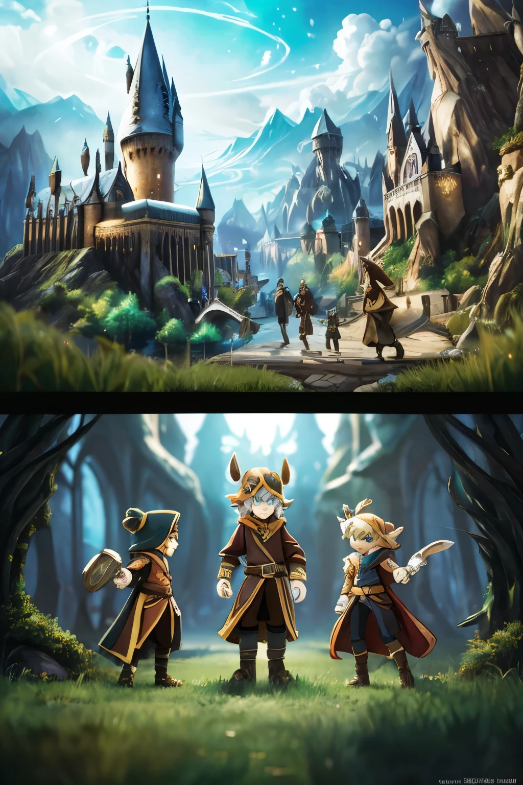 Harry Potter characters in the world of Wakfu, blending their magical abilities with the unique art style and vibrant world. (best quality,4k,8k,highres,masterpiece:1.2),ultra-detailed,(realistic,photorealistic,photo-realistic:1.37), portraits, concept artists, colorful, magical atmosphere, anime, detailed scenic environments, intricate character designs, powerful spellcasting, immersive storytelling, lively and expressive facial expressions, magical creatures, dynamic action scenes, unique fashion styles, magical artifacts, breathtaking landscapes, ethereal lighting effects, iconic landmarks, mystical forests, whimsical towns and cities, perfect fusion of Harry Potter's charm and Wakfu's imaginative universe.