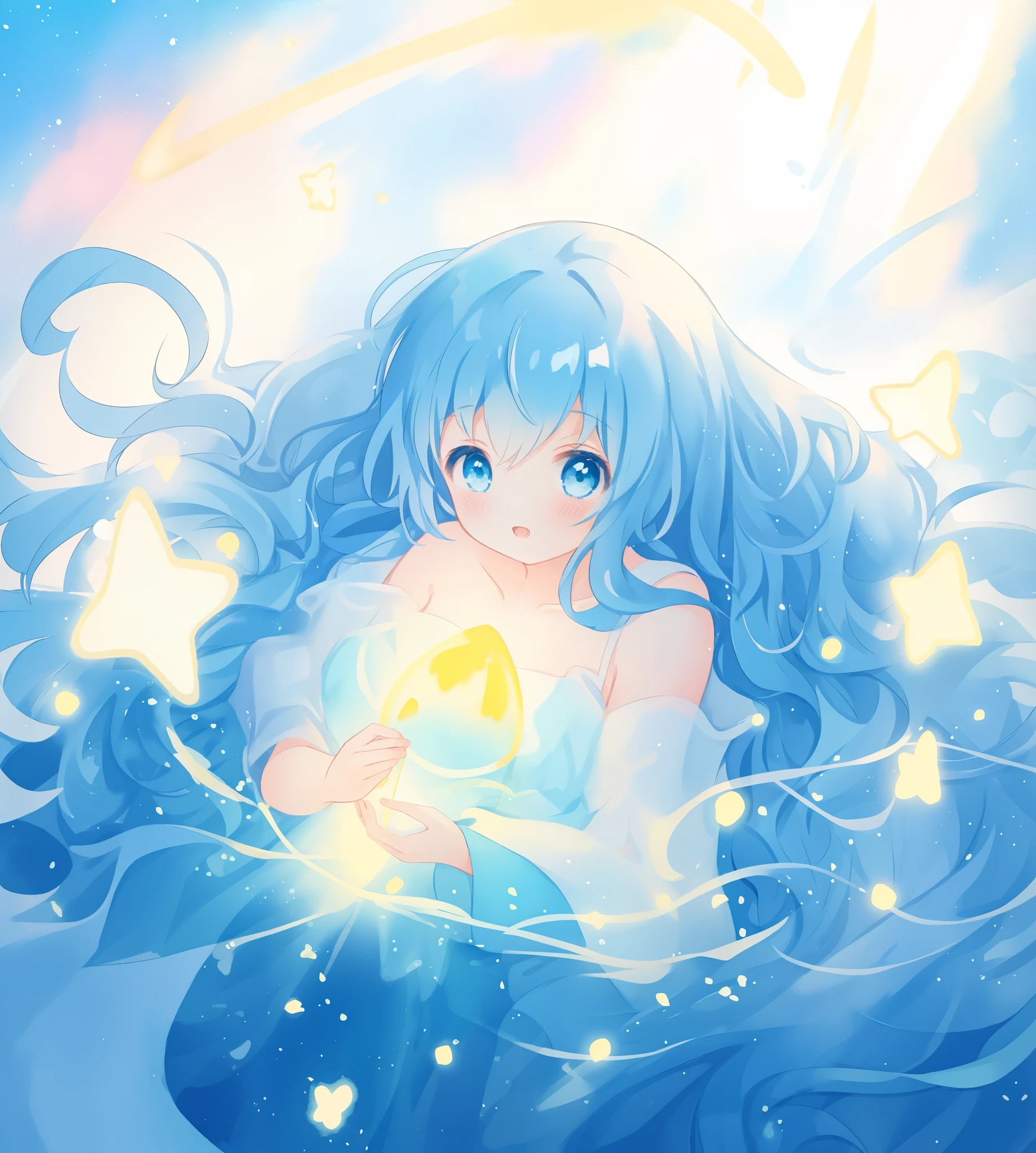 beautiful girl surrounded by liquid light, long wavy blue hair, blue watery liquid background, beautiful girl holding a glowing golden light, watercolor illustration, glowing aura around her, fantasia otherworldly, beautiful, masterpiece, best quality, anime disney style