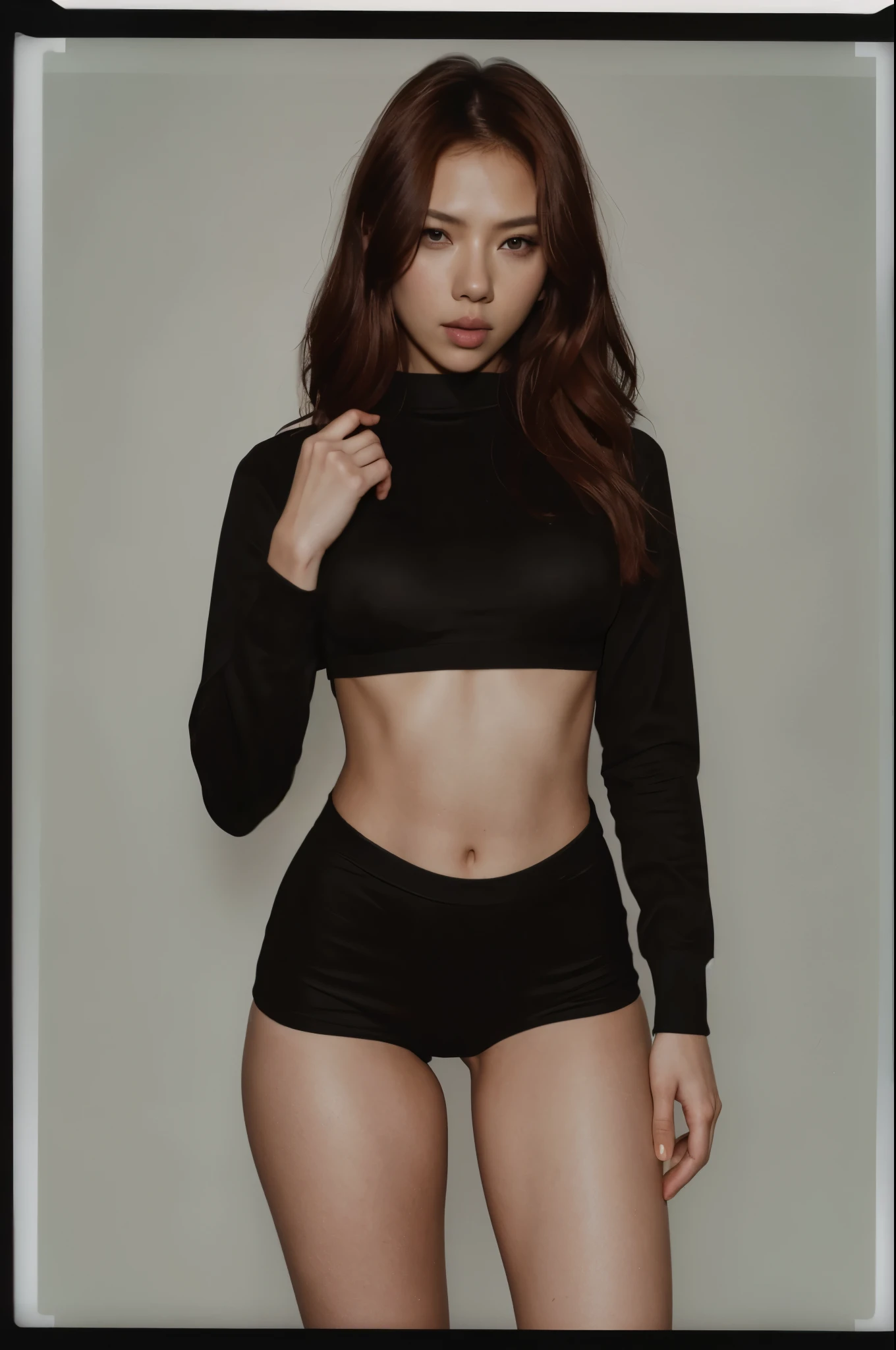 arafed instagram supermodel, asian features, mid-length red hair, pale skin, perfect face, looking hot, Victoria secret model body, jenny kim, Scarlett Johansson, harsh polaroid flash, vintage quality, in the night, dark background, perky
