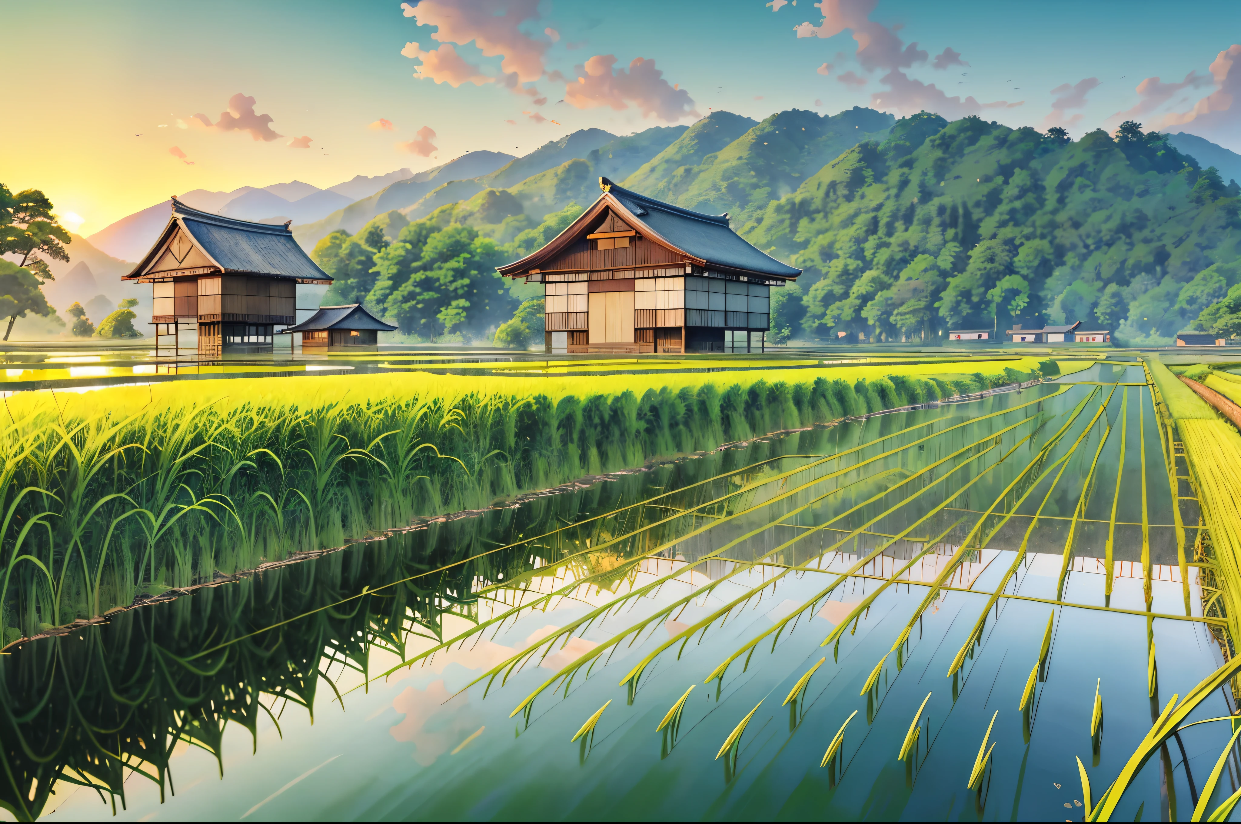 a scenic Japanese rice paddy, beautiful detailed green rice plants, serene rural landscape, peaceful countryside, traditional farming, lush vegetation, calm reflection in the water, golden sunlight, vibrant colors, intricate patterns of the rice fields, breathtaking scenery, rustic wooden farmhouse, traditional Japanese architecture, harmonious balance of nature and human intervention, traditional farming techniques, tranquil atmosphere, sunset:1.4