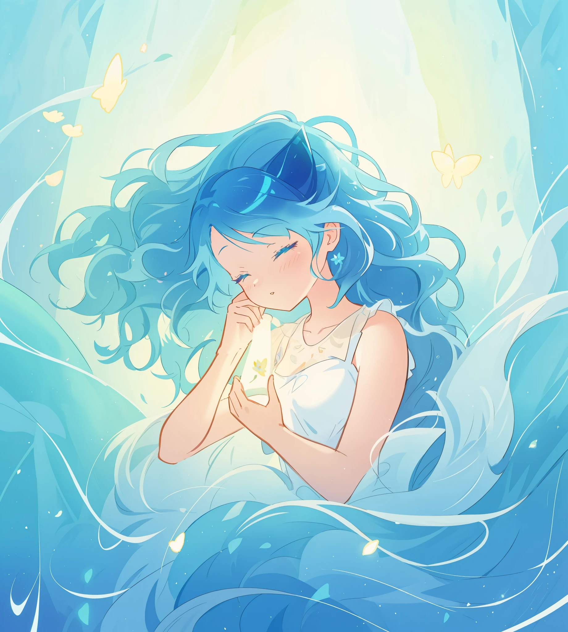 beautiful girl surrounded by liquid light, long wavy blue hair, watercolor illustration, inspired by Glen Keane, inspired by Lois van Baarle, disney art style, by Lois van Baarle, glowing aura around her, by Glen Keane, jen bartel, glowing lights! digital painting, flowing glowing hair, glowing flowing hair, beautiful digital illustration, fantasia otherworldly landscape plants flowers, beautiful, masterpiece, best quality, anime disney style