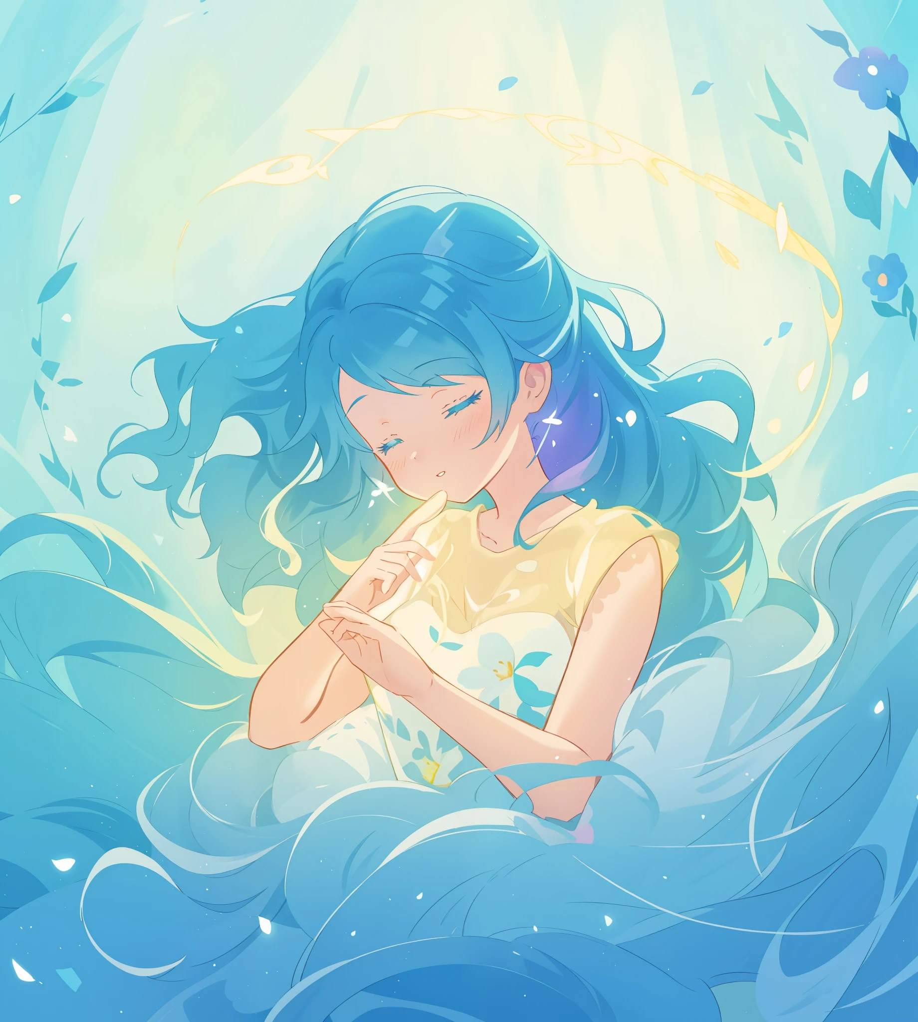 beautiful girl surrounded by liquid light, long wavy blue hair, watercolor illustration, inspired by Glen Keane, inspired by Lois van Baarle, disney art style, by Lois van Baarle, glowing aura around her, by Glen Keane, jen bartel, glowing lights! digital painting, flowing glowing hair, glowing flowing hair, beautiful digital illustration, fantasia otherworldly landscape plants flowers, beautiful, masterpiece, best quality, anime disney style