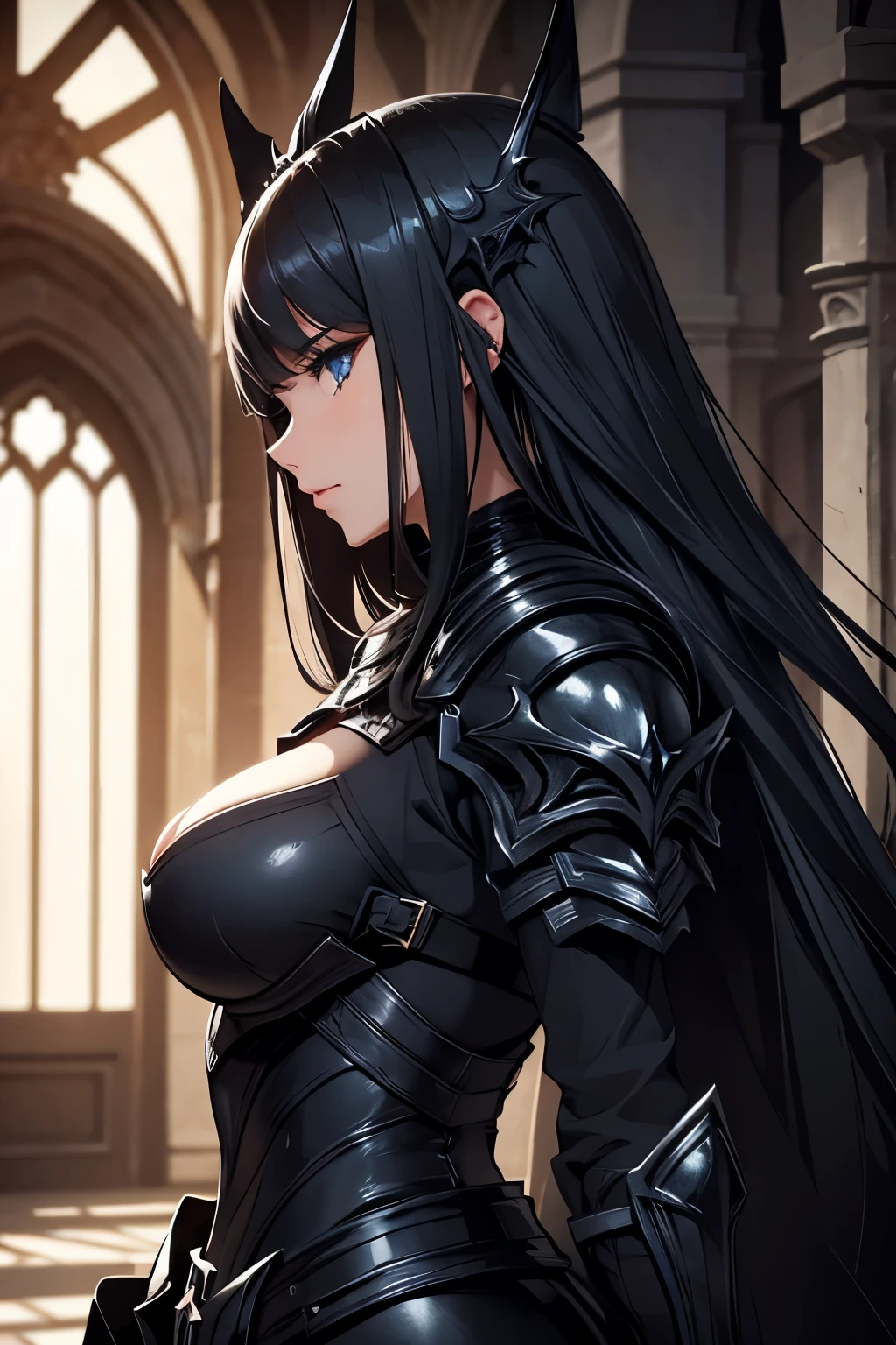 Beautiful woman, dark fantasy, black full armor, black full face, big breasts,