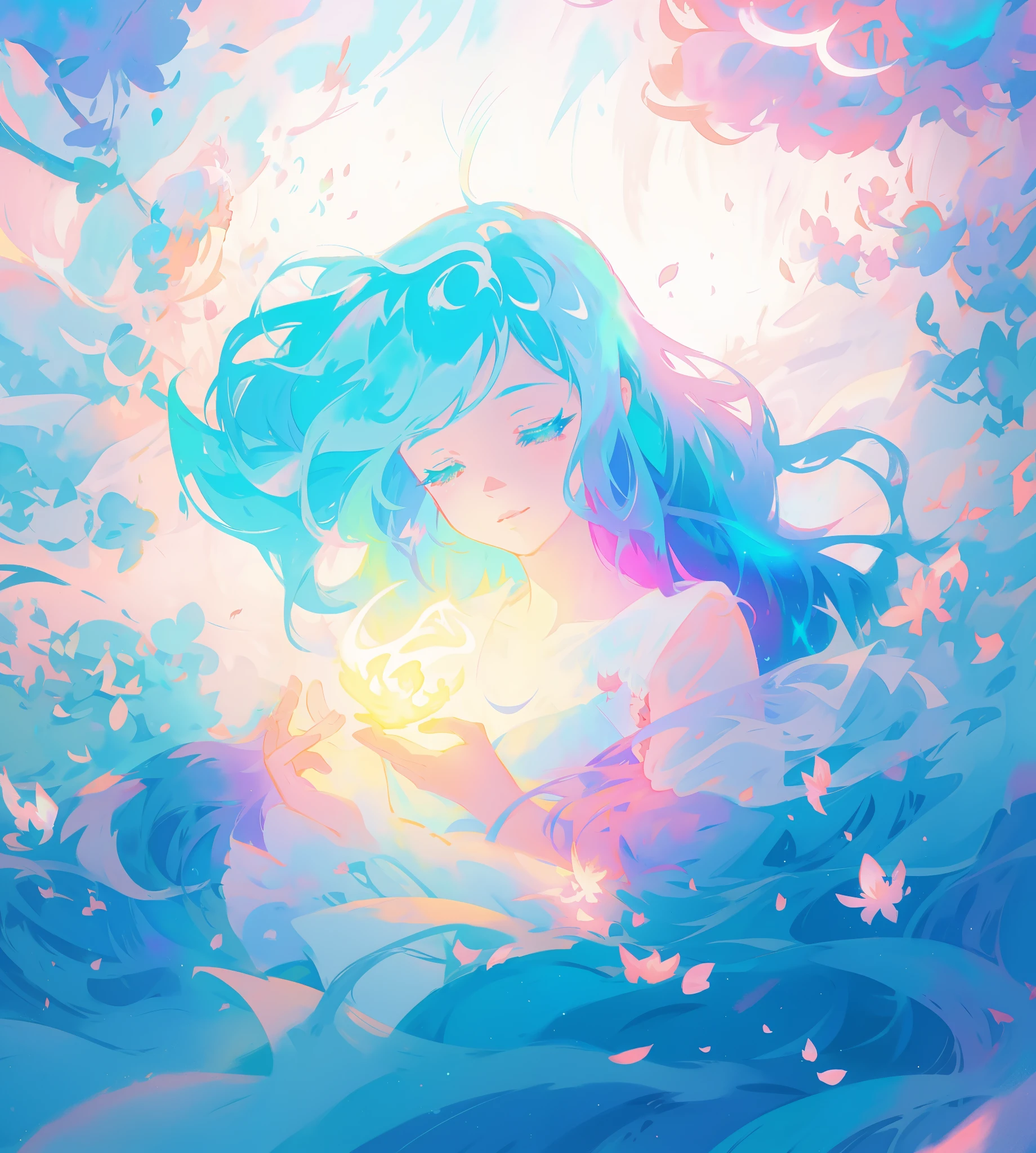 beautiful girl surrounded by liquid light, long wavy blue hair, watercolor illustration, inspired by Glen Keane, inspired by Lois van Baarle, disney art style, by Lois van Baarle, glowing aura around her, by Glen Keane, jen bartel, glowing lights! digital painting, flowing glowing hair, glowing flowing hair, beautiful digital illustration, fantasia otherworldly landscape plants flowers, beautiful, masterpiece, best quality, anime disney style