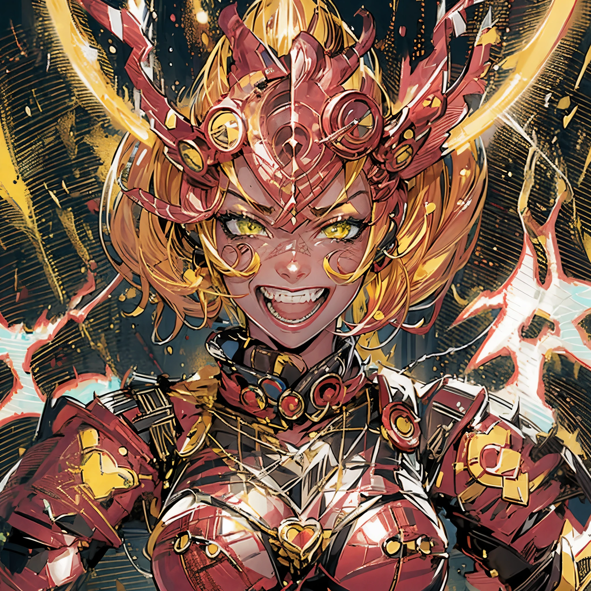 Armored alien princess with short, vibrant yellow hair and electrifying lightning powers resides in an uncharted galaxy. Her asymmetrical, stylized golden armor, adorned with electric design elements, shines brightly, reflecting her villainous personality. Her seductive smile and a provocative laugh accentuate her allure, contrasting the intimidating aura of her armor. Attacking the viewer while laughing. add_detail:2