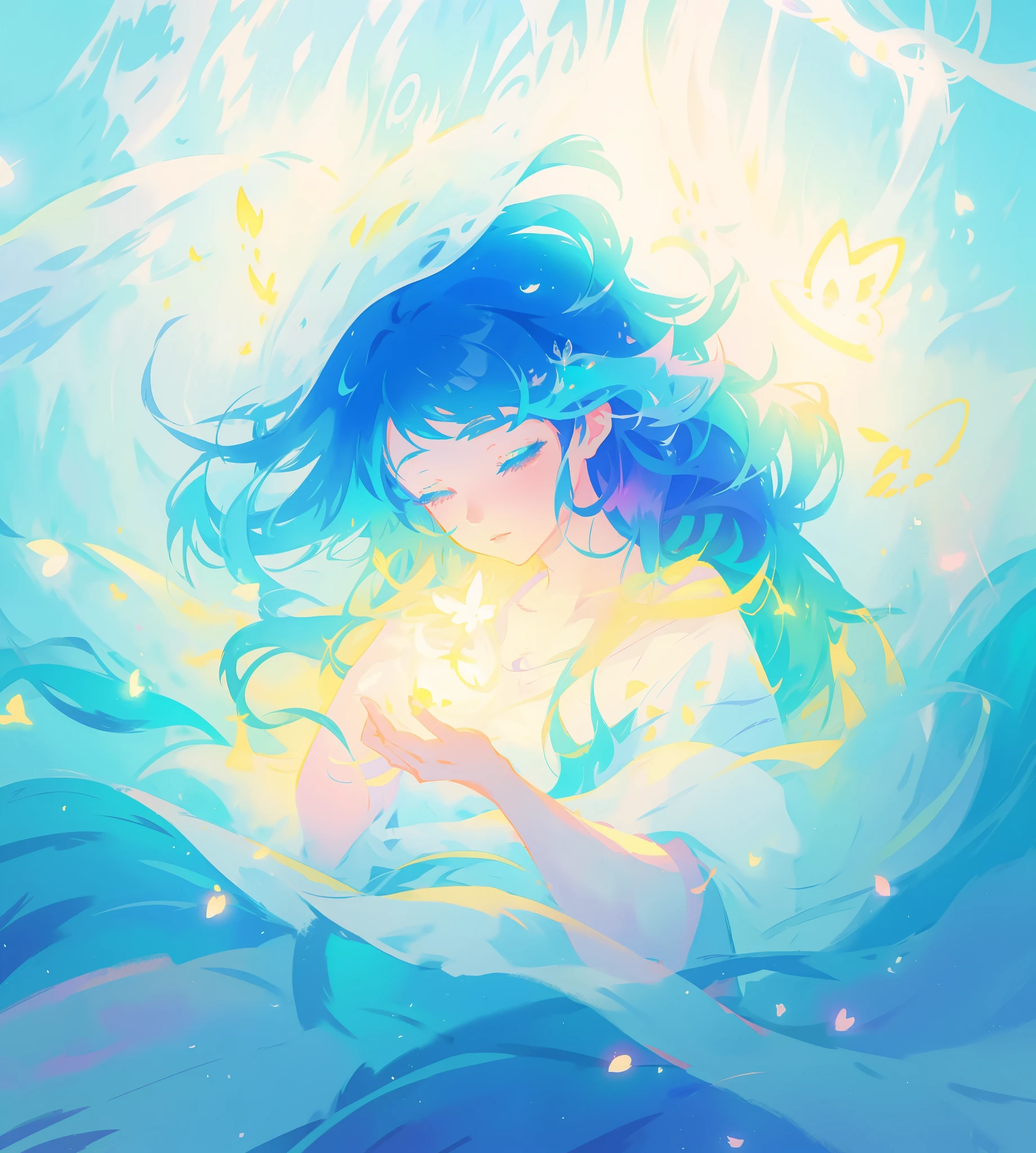 beautiful girl surrounded by liquid light, long wavy blue hair, watercolor illustration, inspired by Glen Keane, inspired by Lois van Baarle, disney art style, by Lois van Baarle, glowing aura around her, by Glen Keane, jen bartel, glowing lights! digital painting, flowing glowing hair, glowing flowing hair, beautiful digital illustration, fantasia otherworldly landscape plants flowers, beautiful, masterpiece, best quality, anime disney style